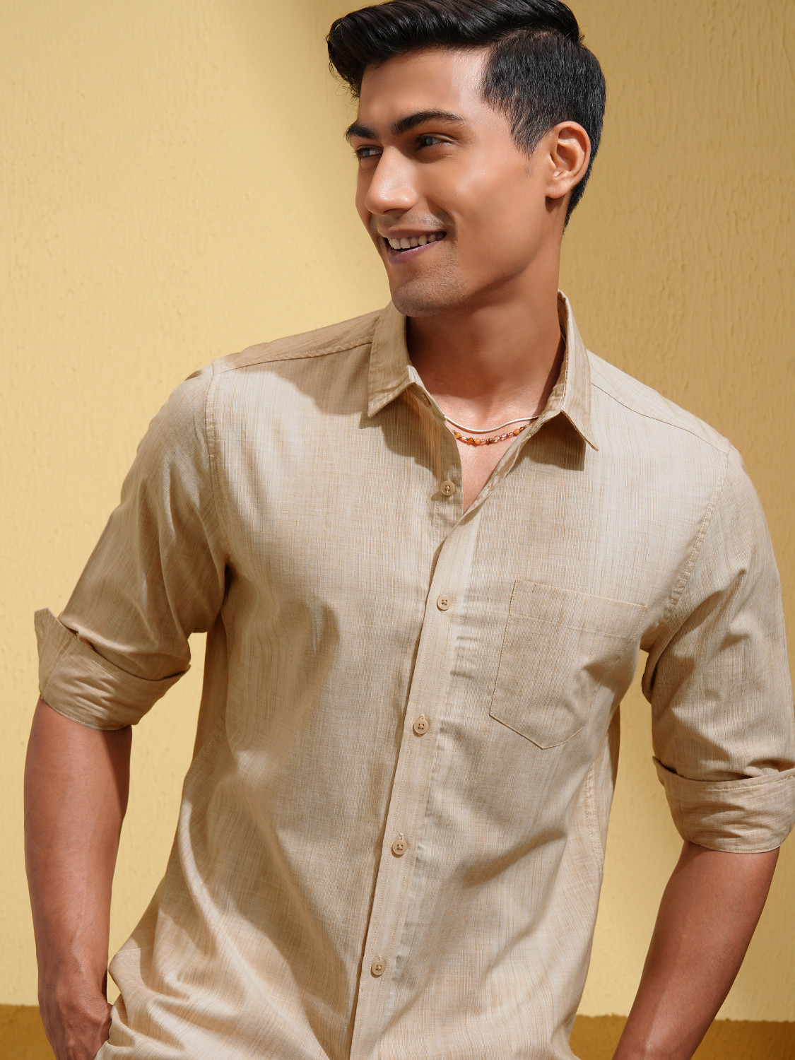 Image of LOCOMOTIVE Men Striped Casual Beige Shirt
