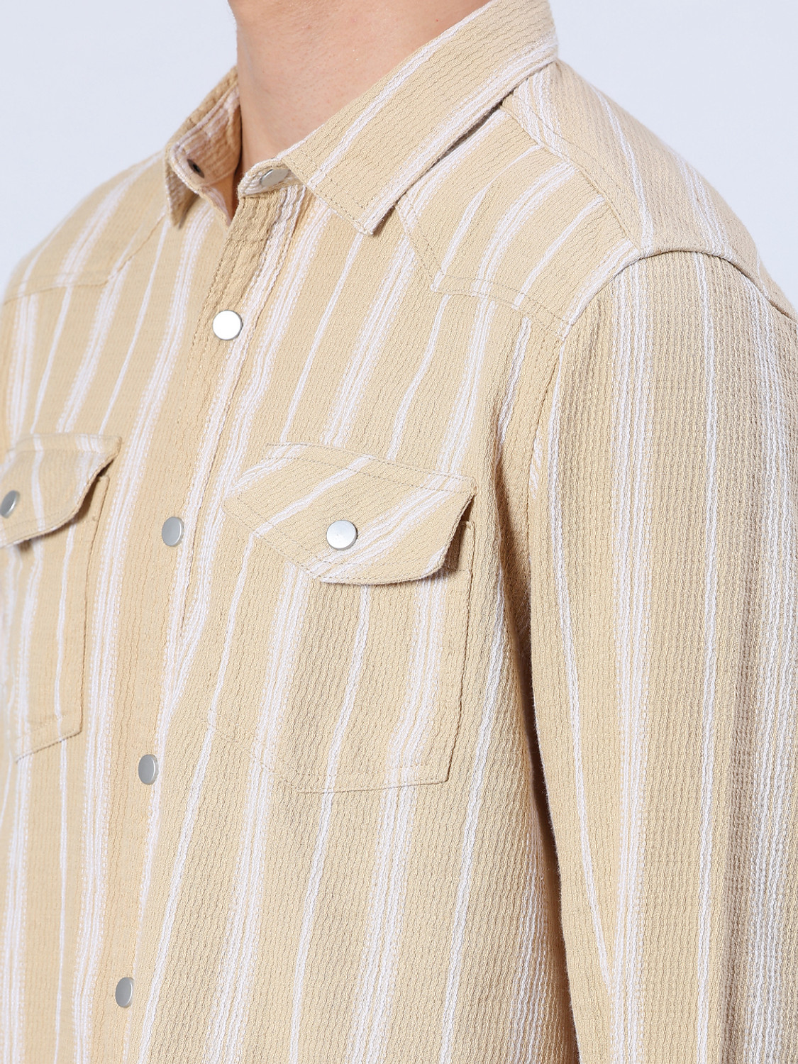 Image of V-MART Men Striped Casual Beige Shirt