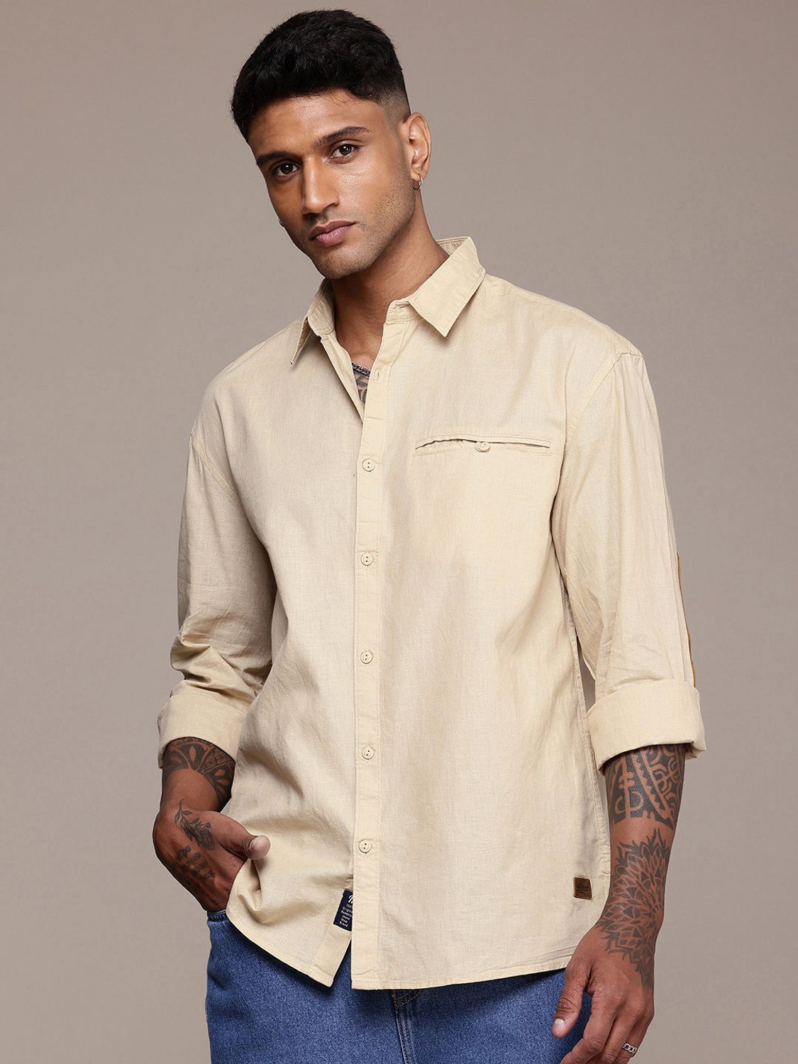 Image of Roadster Men Solid Casual Beige Shirt
