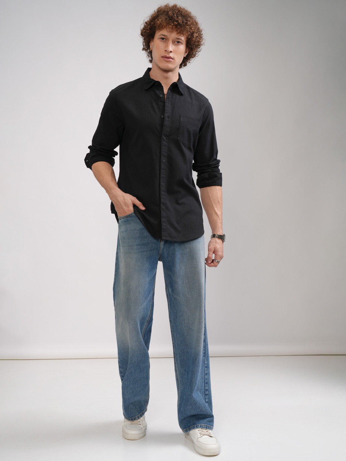 Image of HIGHLANDER Men Striped Casual Black Shirt
