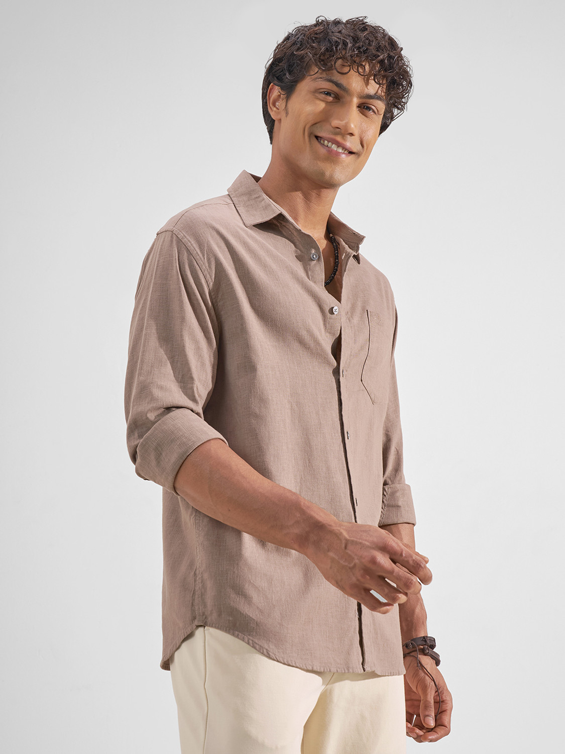Image of HIGHLANDER Men Solid Casual Brown Shirt