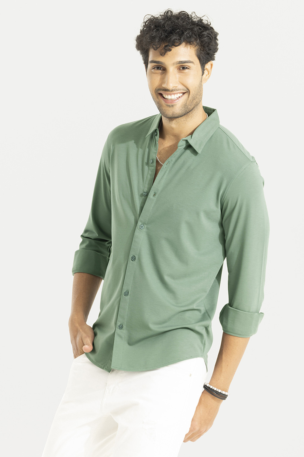 Image of Snitch Men Solid Casual Green Shirt