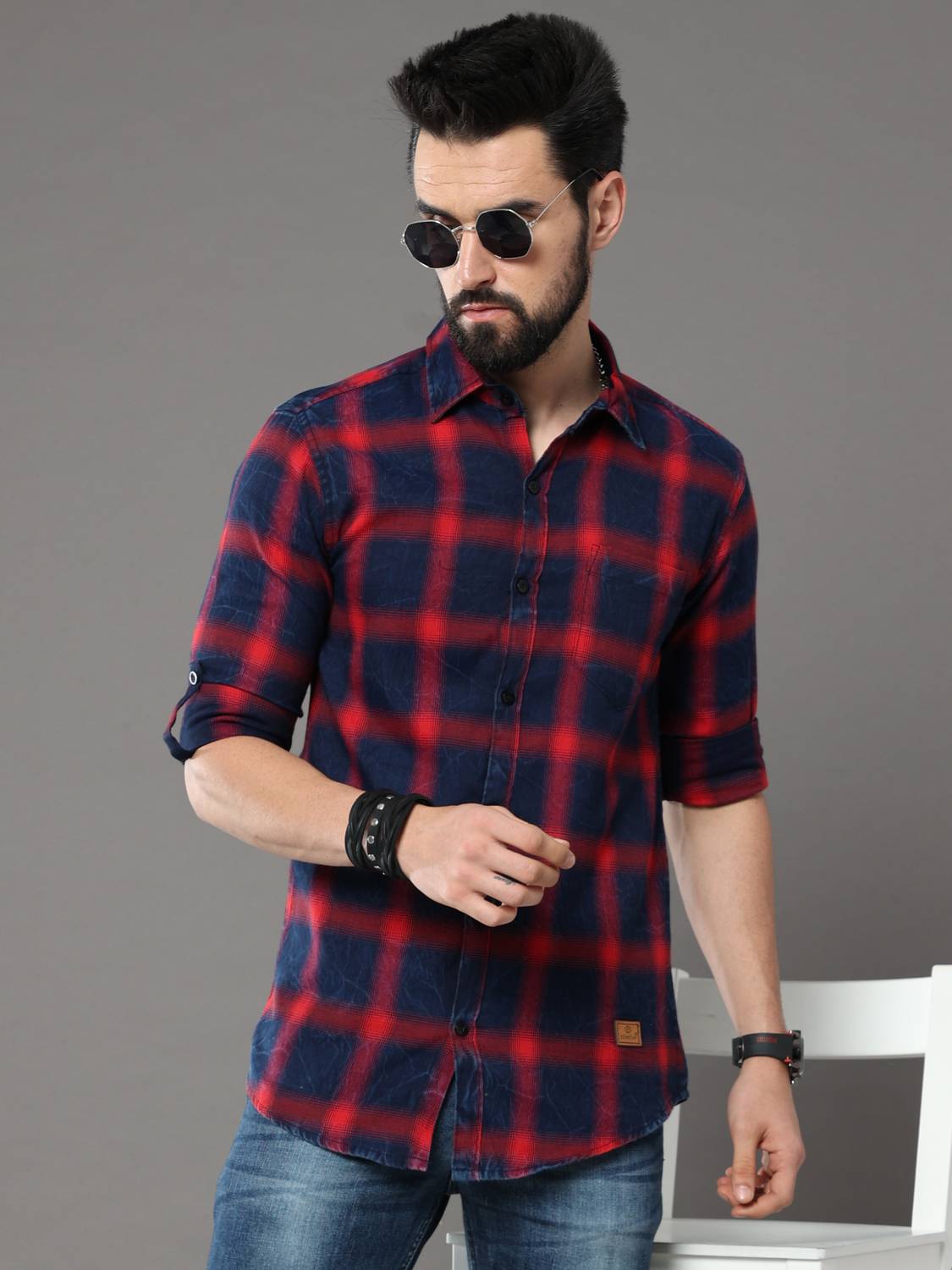 tallwalker Men Regular Fit Checkered Slim Collar Casual Shirt