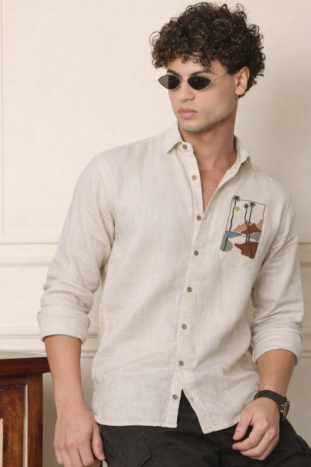 Image of COMBRAIDED Men Floral Print Casual Beige Shirt