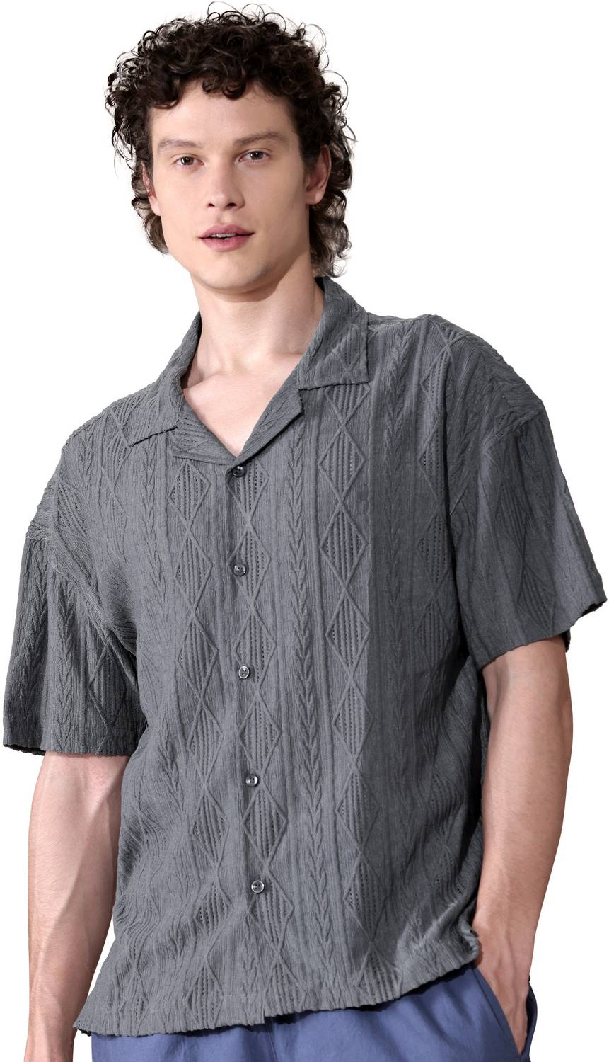BEYOUNG Men Self Design Casual Grey Shirt