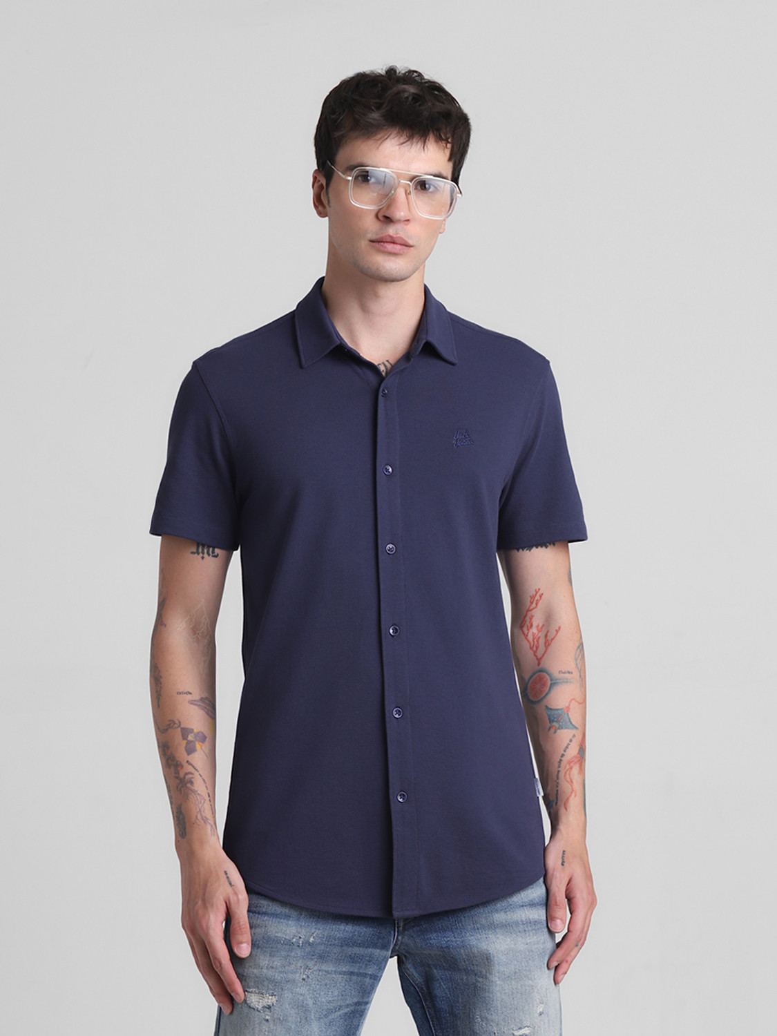 Image of JACK & JONES Men Solid Casual Dark Blue Shirt