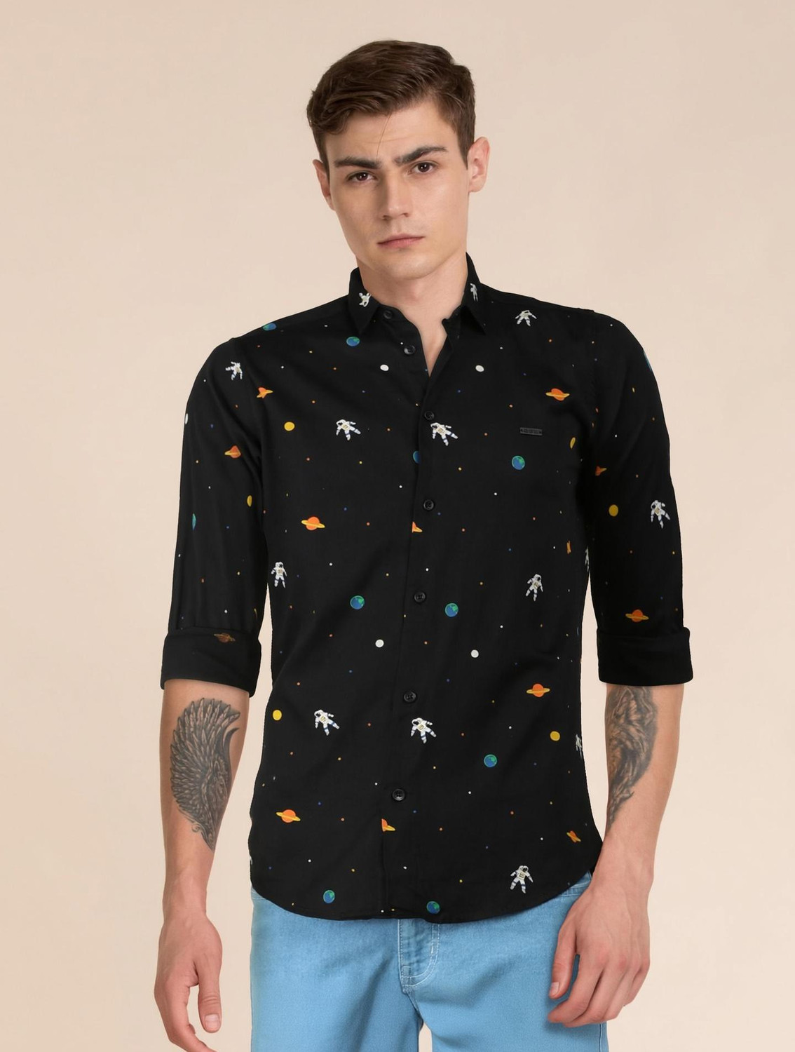Image of The Indian Garage Co. Men Printed Casual Black Shirt