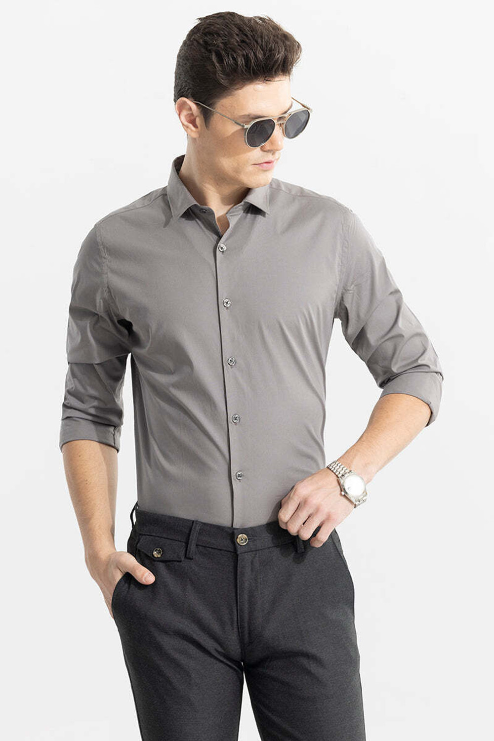 Image of Snitch Men Solid Casual Grey Shirt