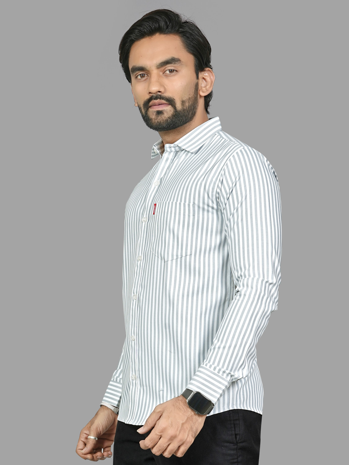 Image of MILDIN Men Striped Formal White, Grey Shirt