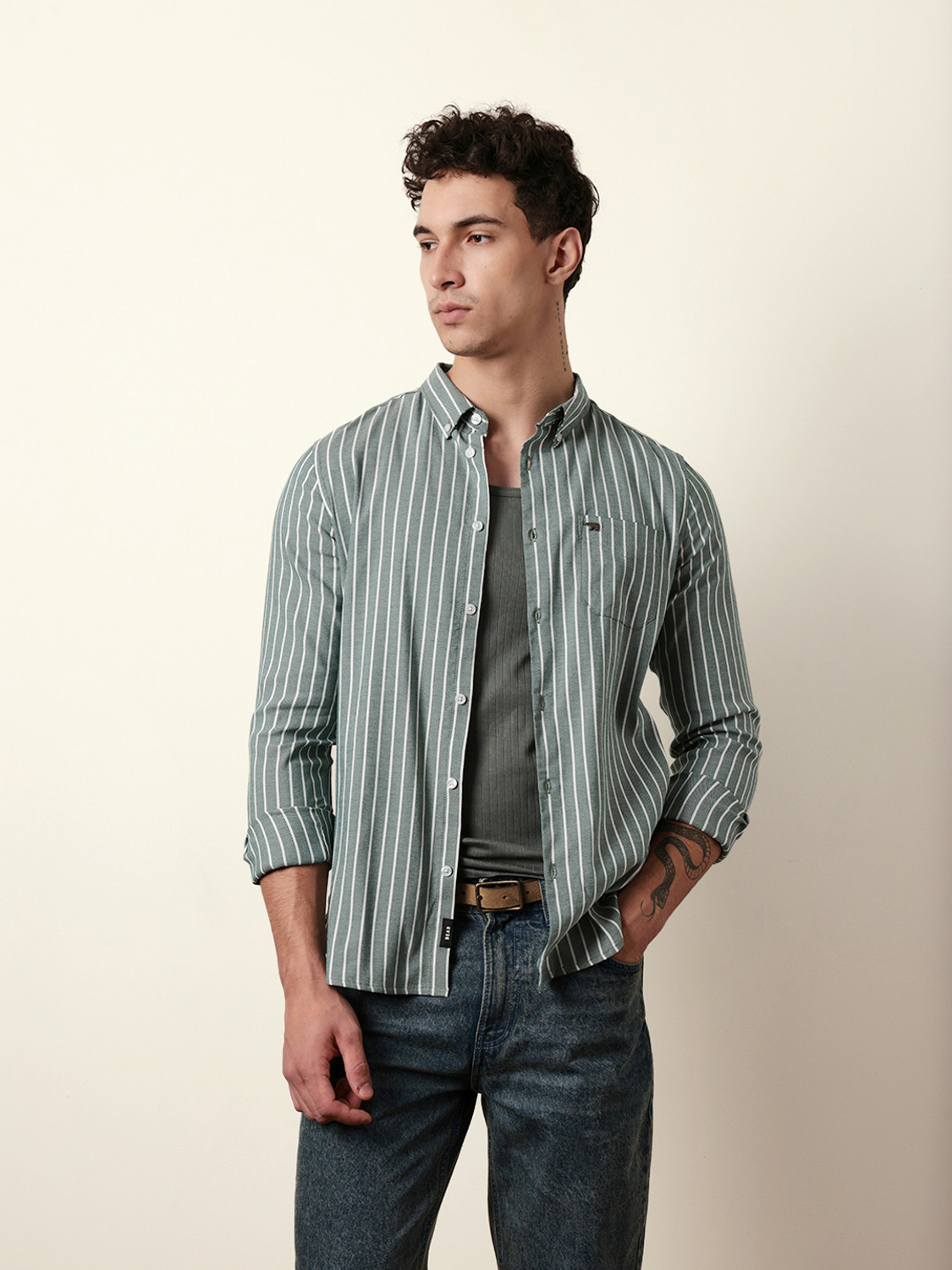 Image of THE BEAR HOUSE Men Striped Casual Green Shirt