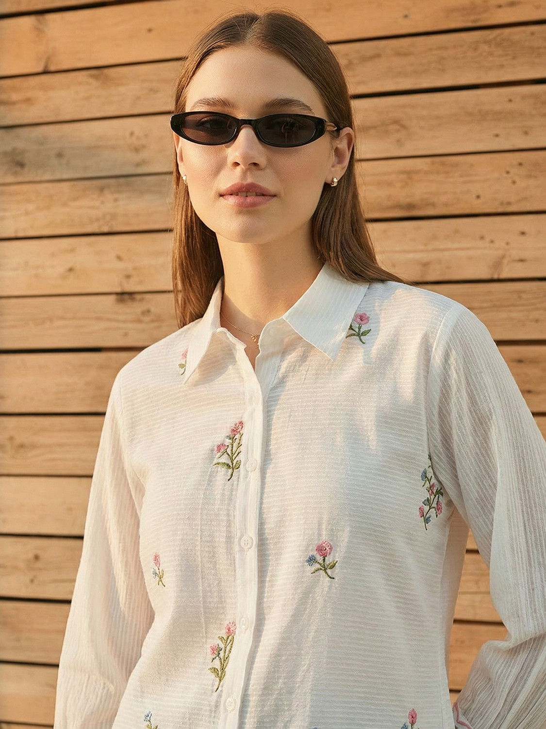 Image of ZUMMER Women Self Design Casual White Shirt