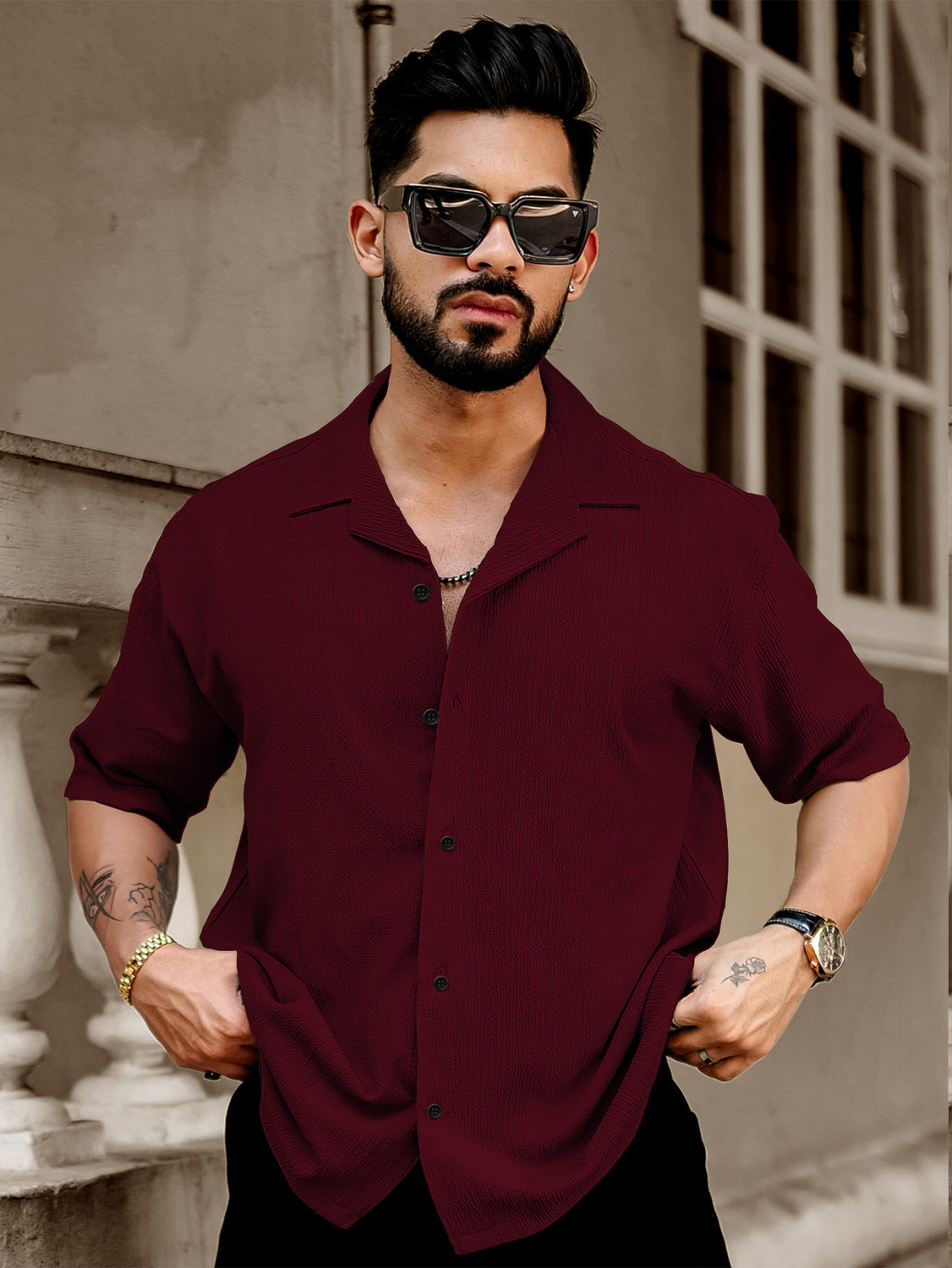Image of METRONAUT Men Self Design Casual Maroon Shirt