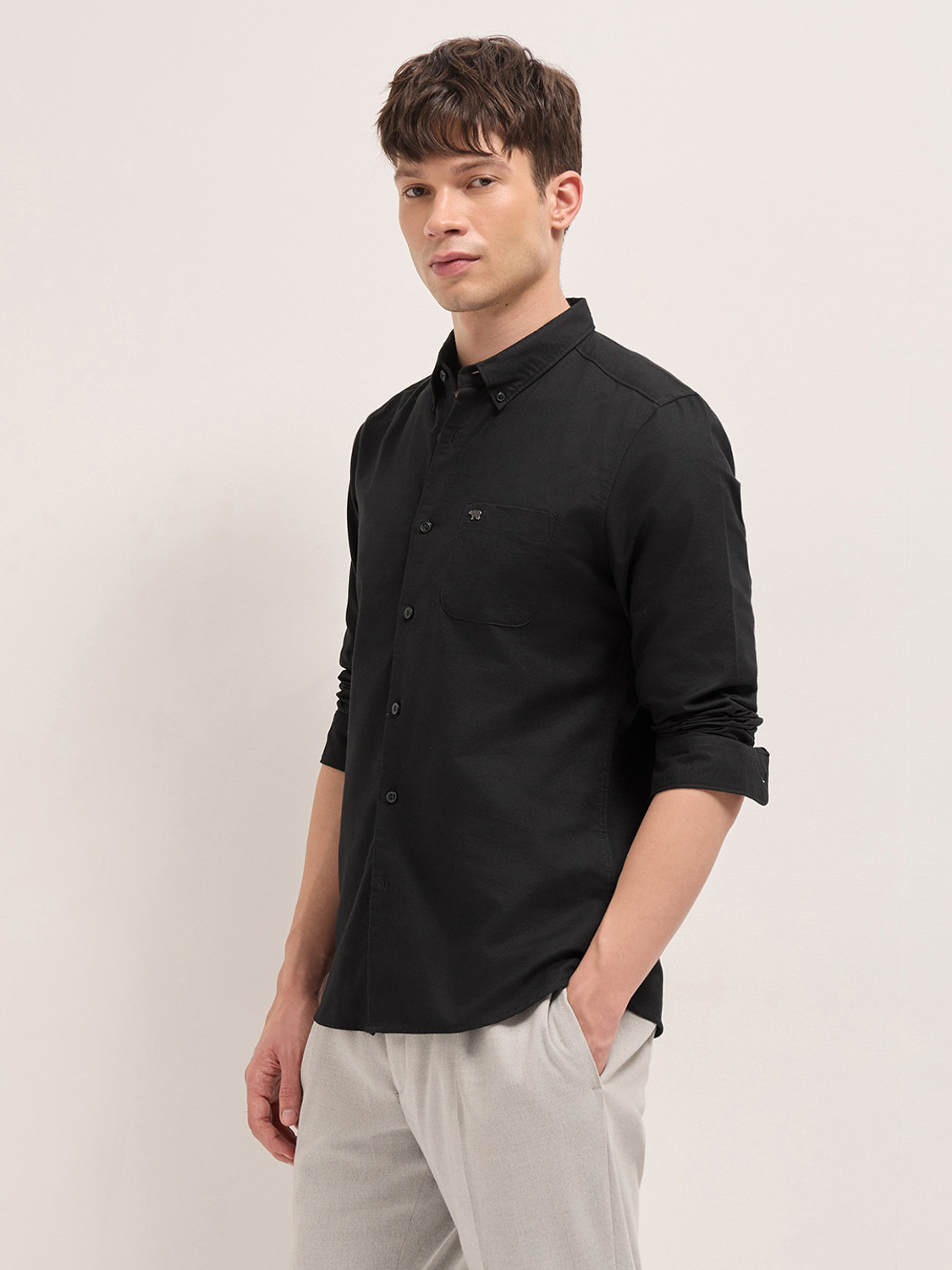 Image of THE BEAR HOUSE Men Solid Casual Black Shirt