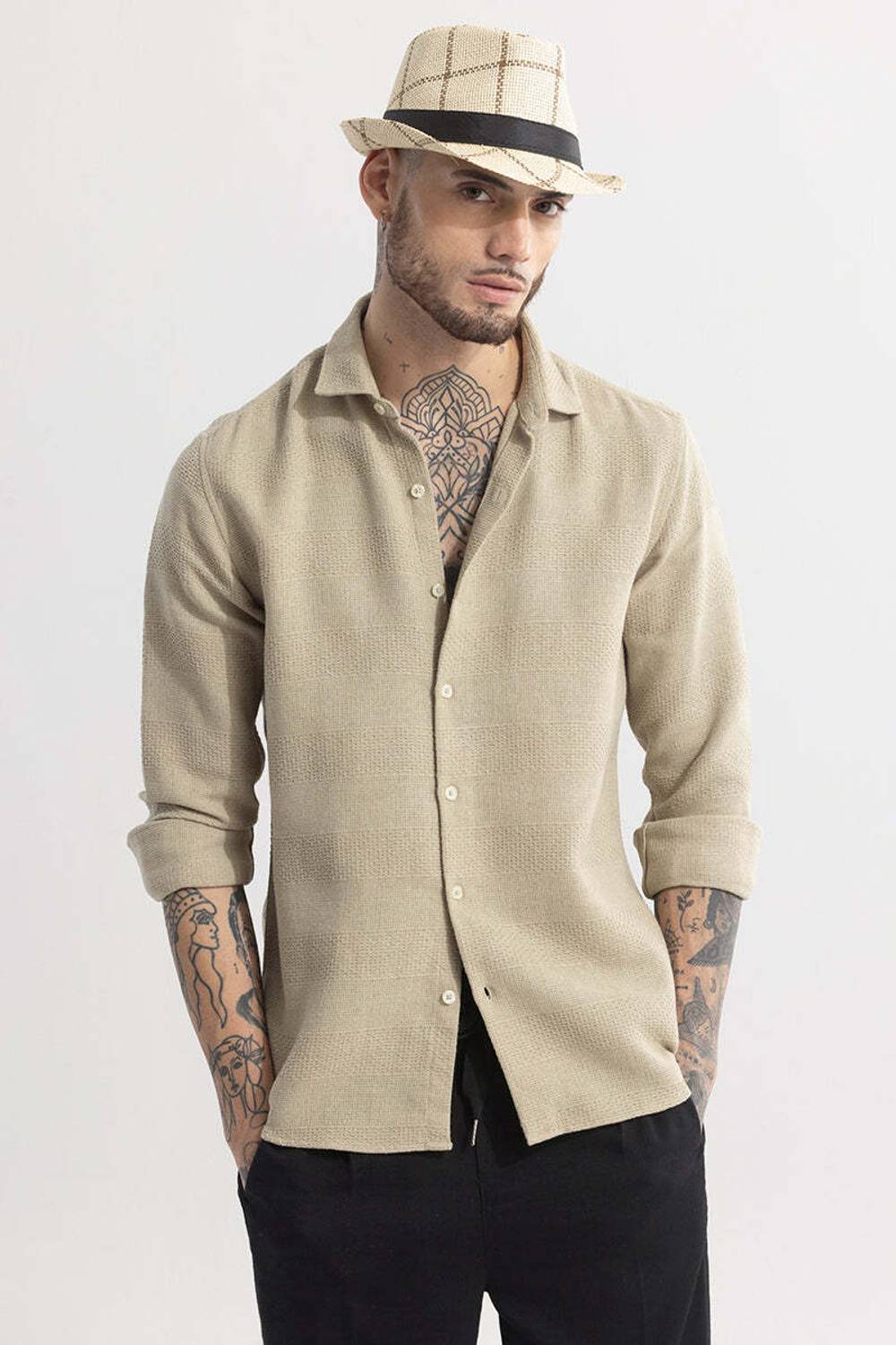 Snitch Men Self Design Casual Khaki Shirt - Image 4