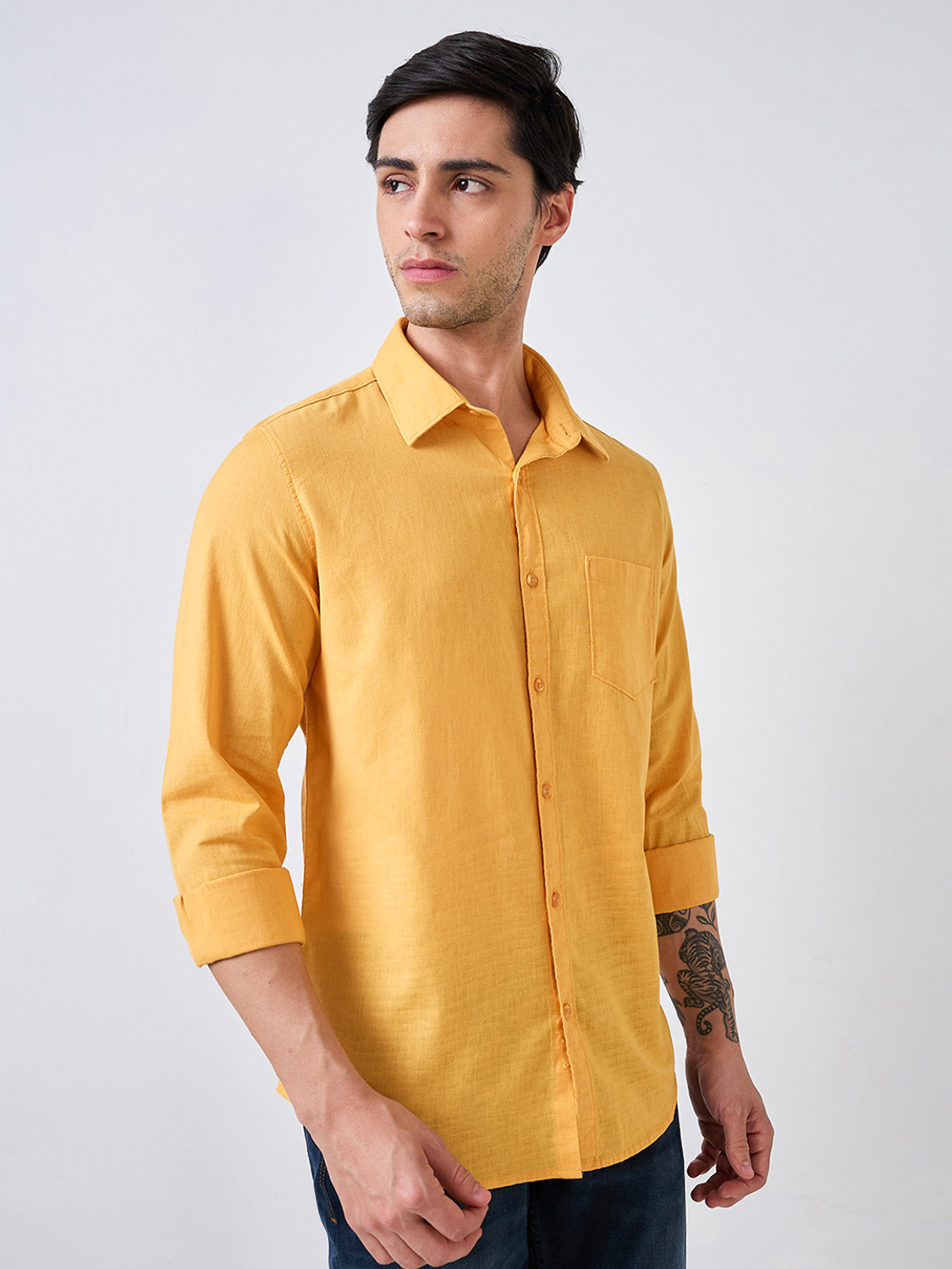 Image of Spykar Men Solid Casual Yellow Shirt
