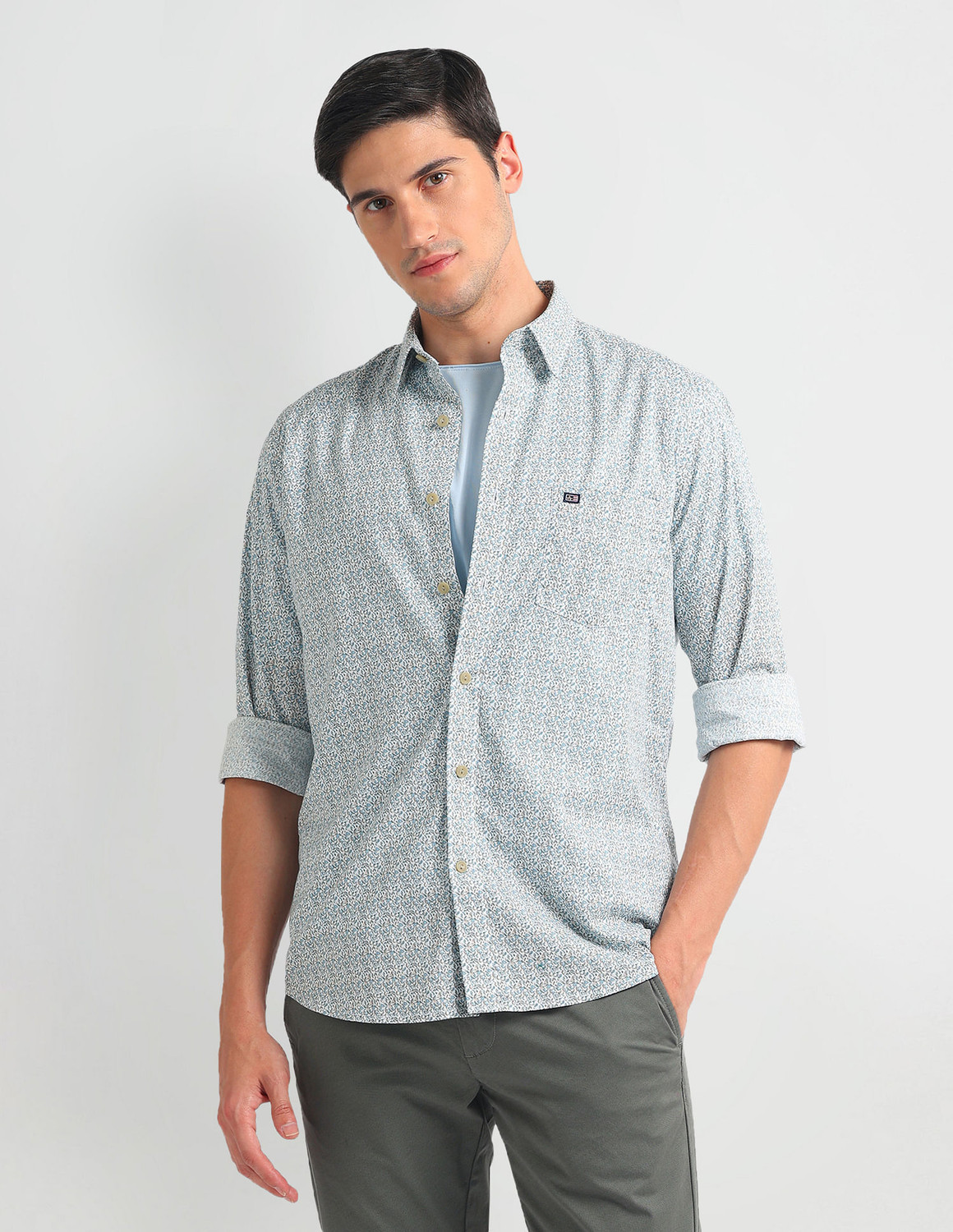 Arrow Sport Men Printed Casual White, Beige, Light Blue Shirt