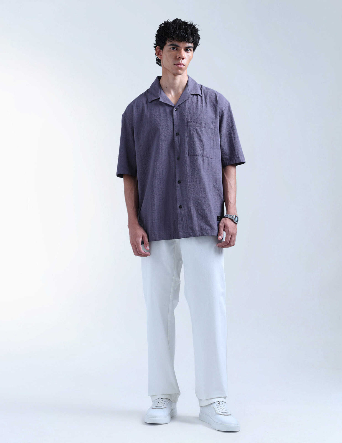 Image of FLYING MACHINE Men Solid Casual Purple Shirt