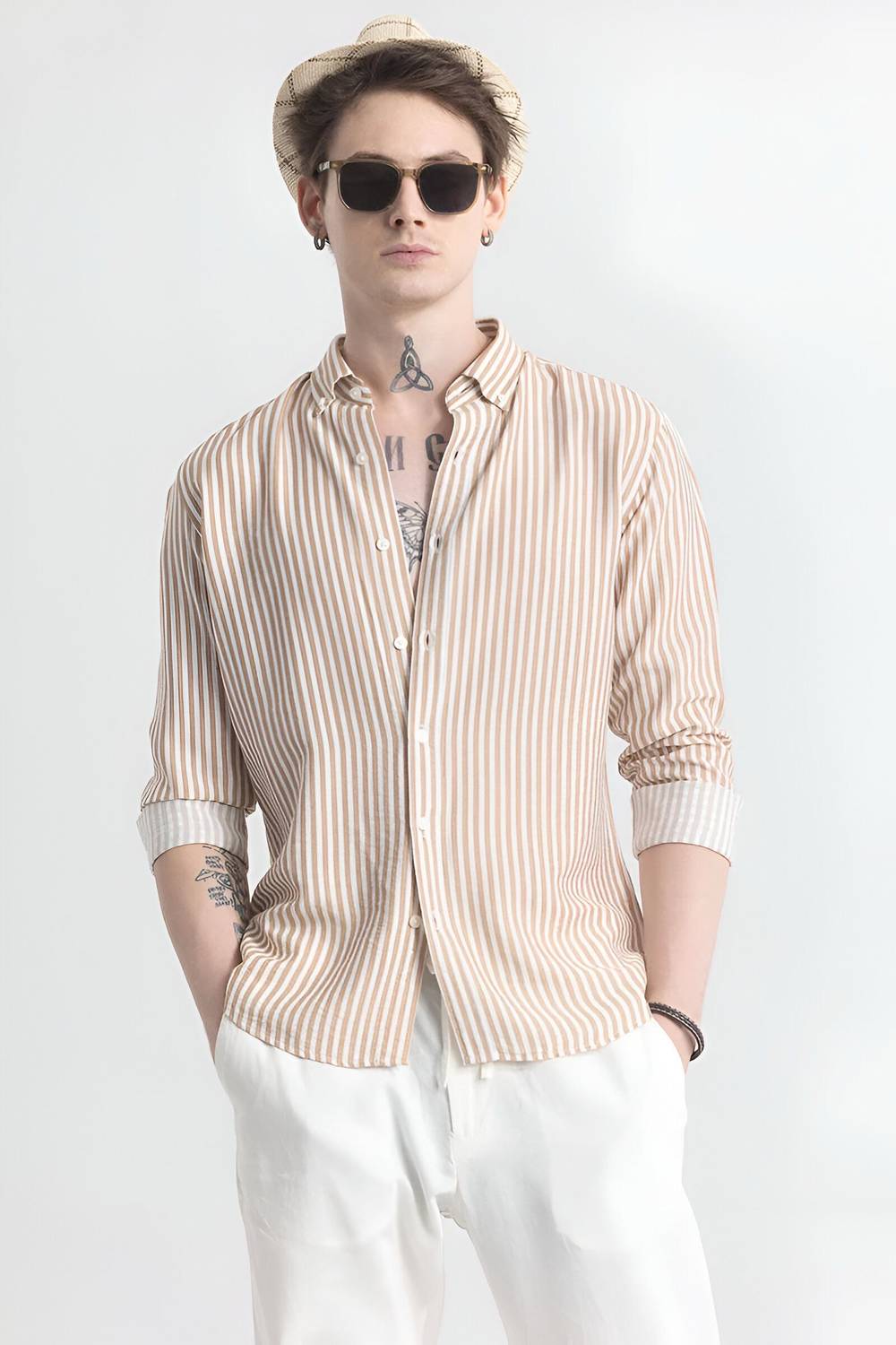 RODEIZ Men Beige Striped Casual Shirt - Image 3