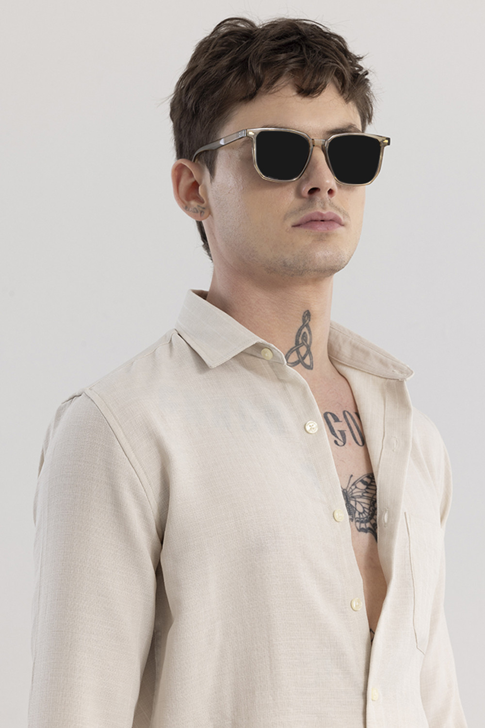 Image of Snitch Men Solid Casual Beige Shirt