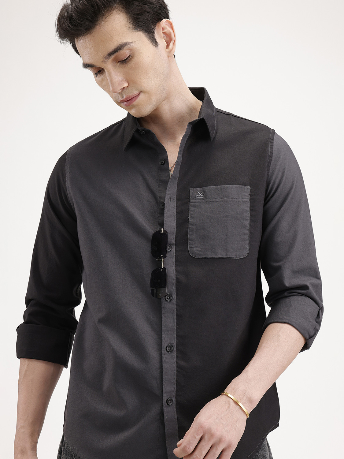 Image of WROGN Men Solid Casual Grey Shirt