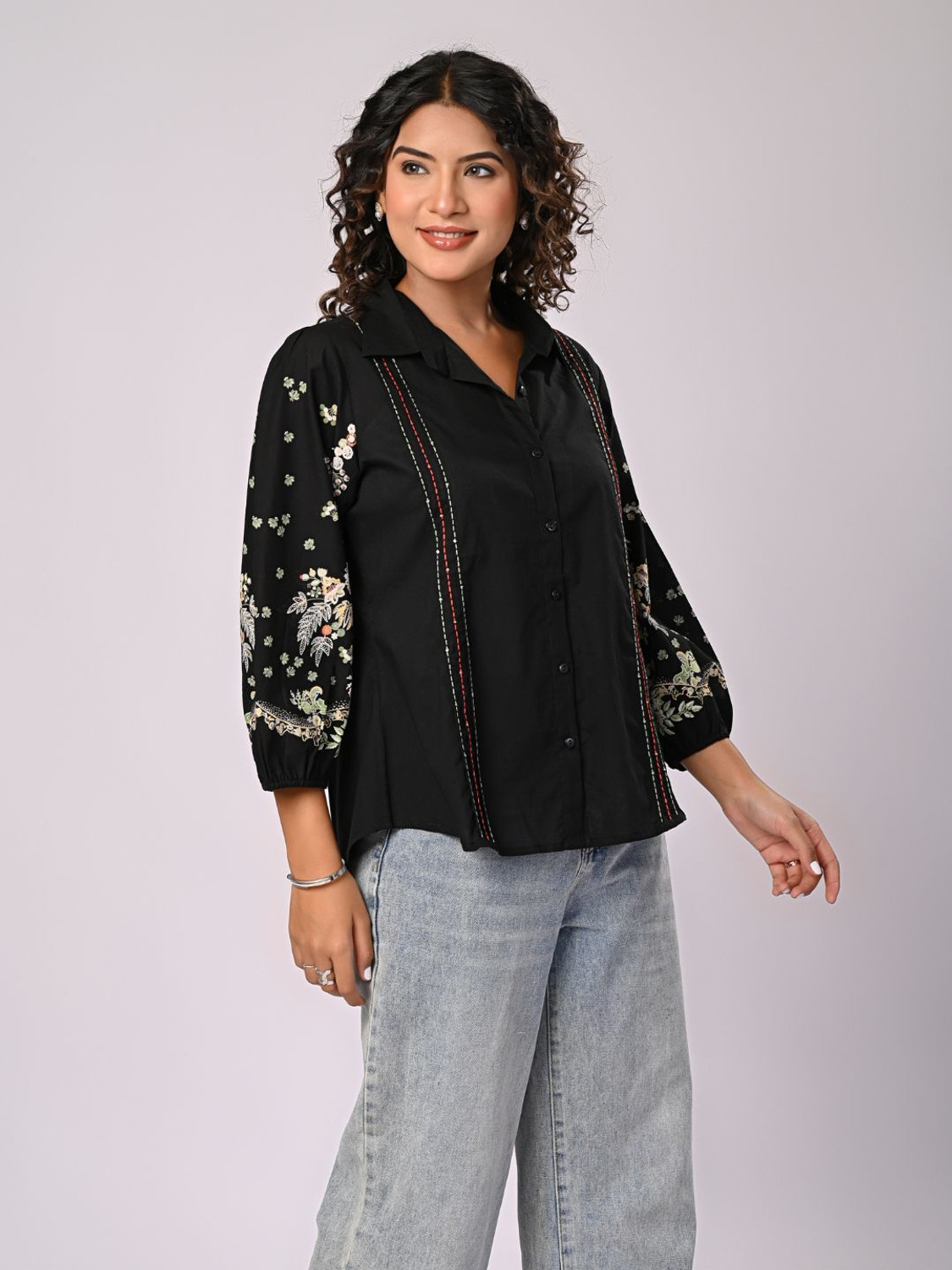 Image of Zolo Label Women Solid, Floral Print, Embroidered Casual Black Shirt