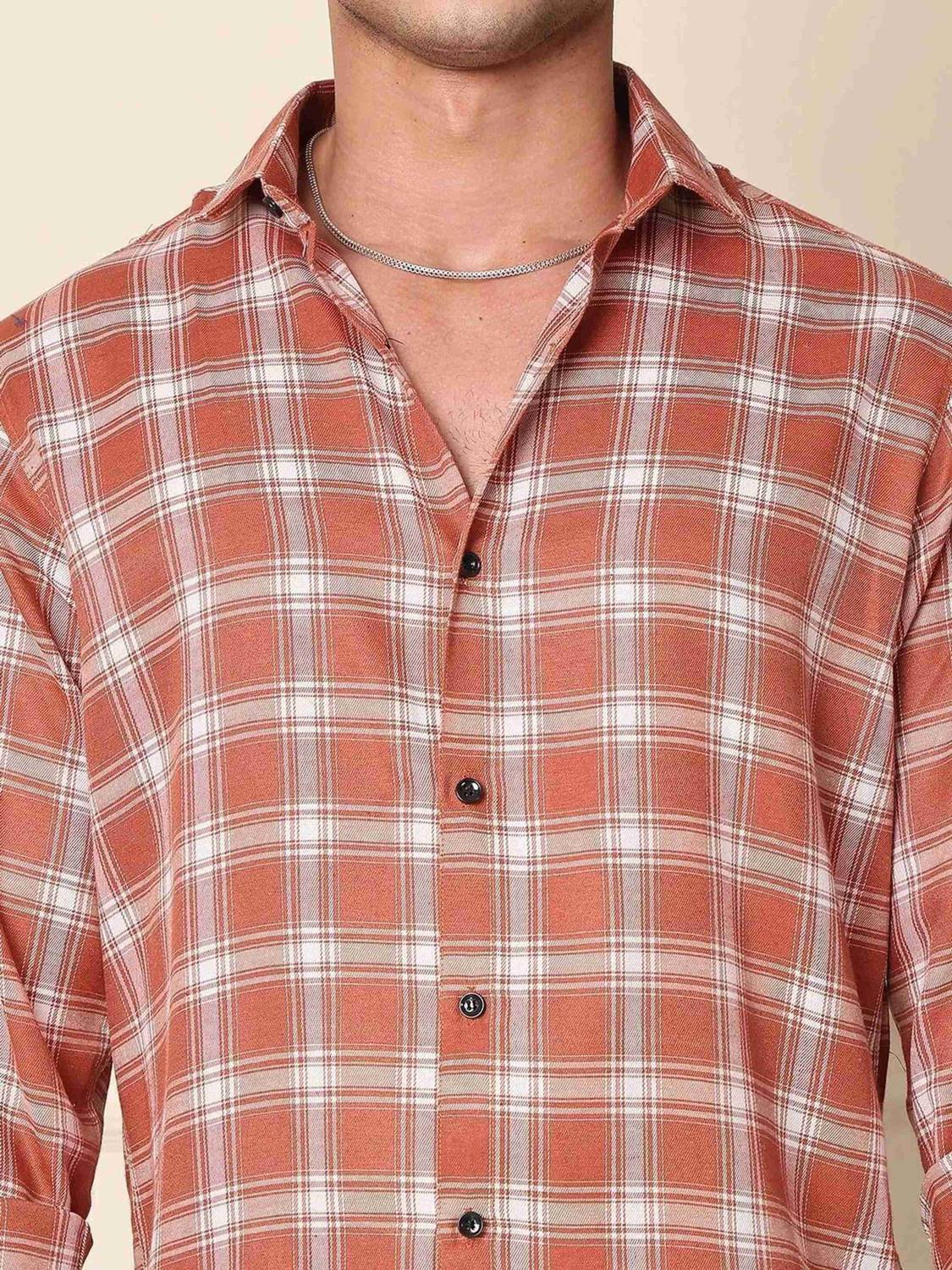 SMARTYFASHION Men Orange Checkered Casual Shirt - Image 5
