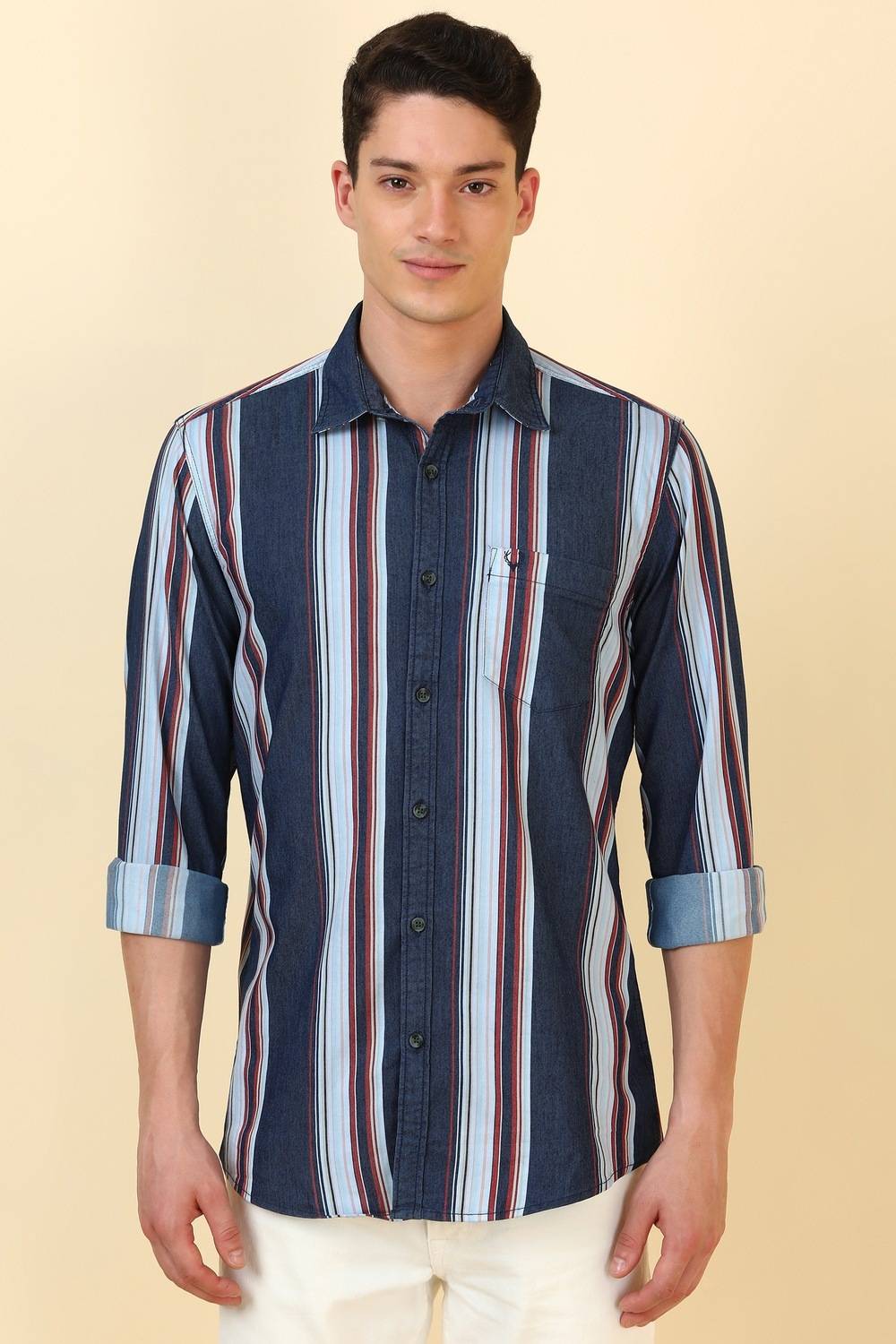 Allen Solly Men Striped Casual Dark Blue Shirt