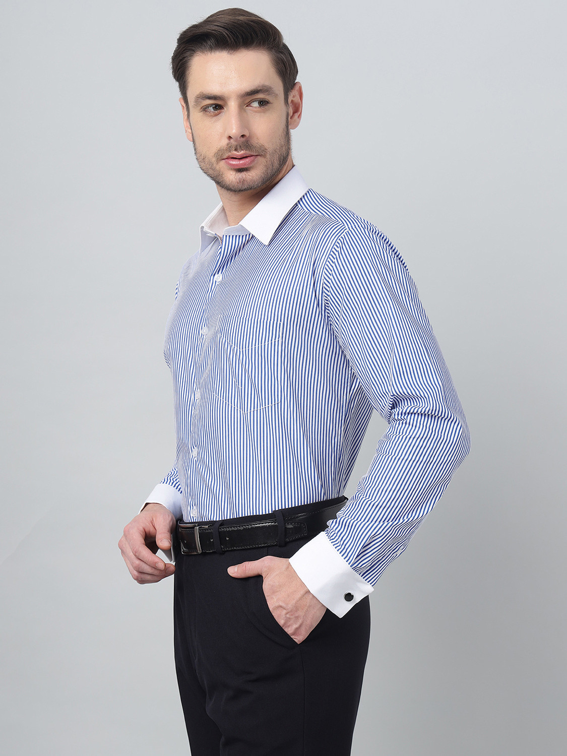 Image of Hancock Men Striped Formal White Shirt