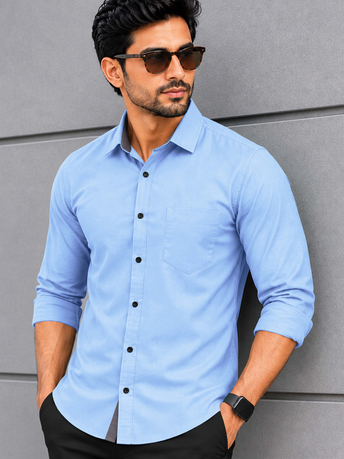 Image of VeBNoR Men Solid Casual Light Blue Shirt