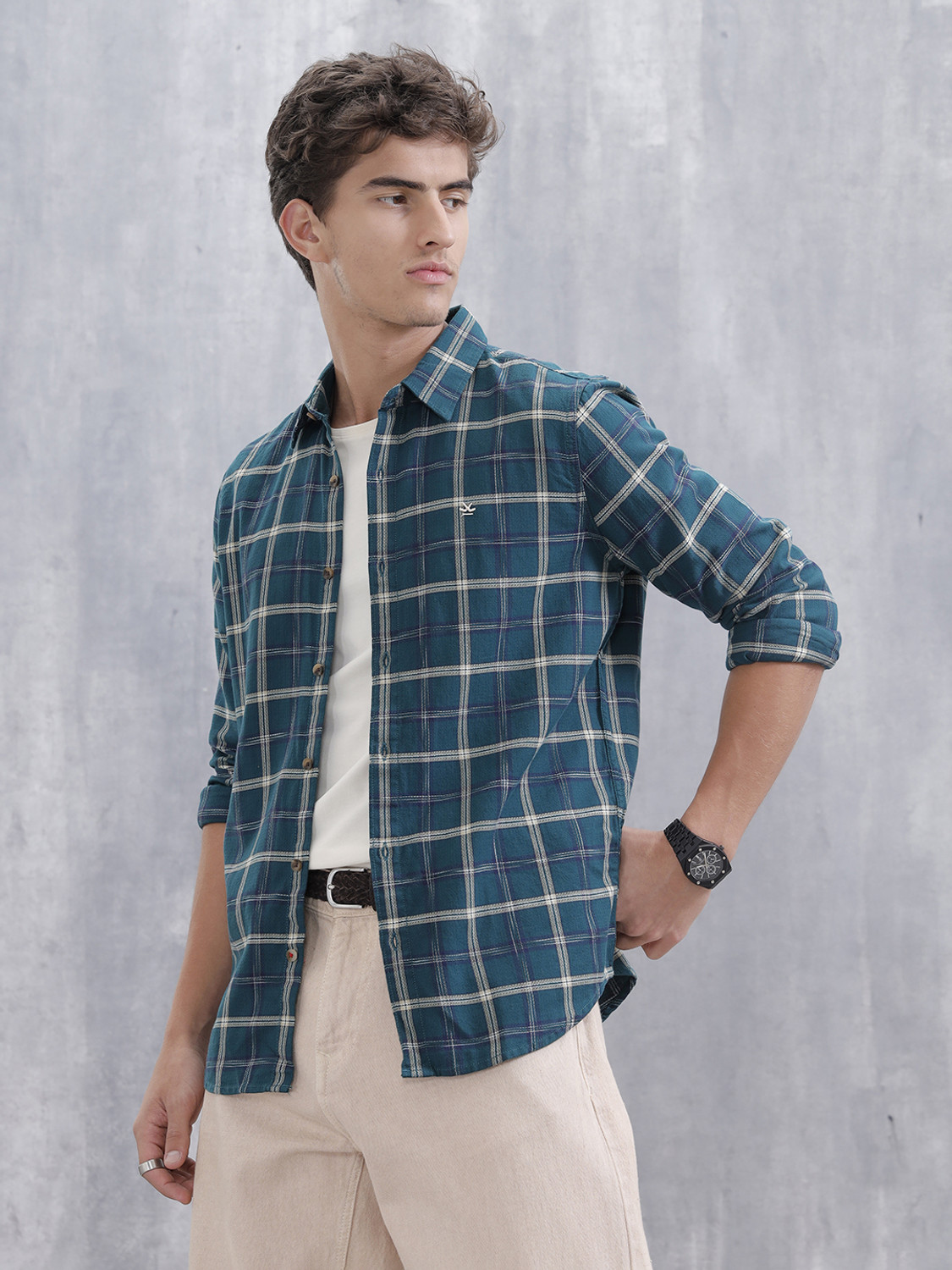 Image of WROGN Men Checkered Casual Green Shirt