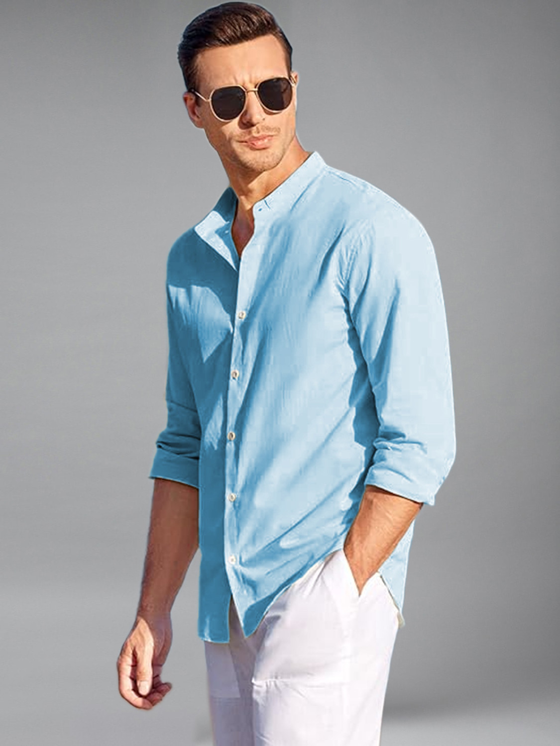 Image of Vashuqi Men Solid Casual Light Blue Shirt