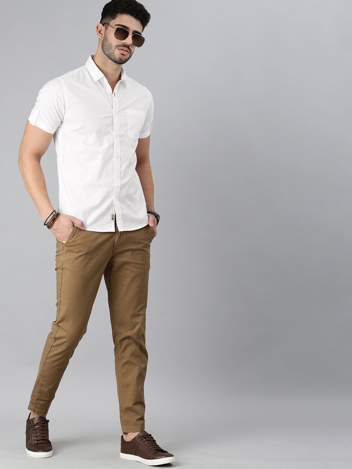 Image of Roadster Men Solid Casual White Shirt