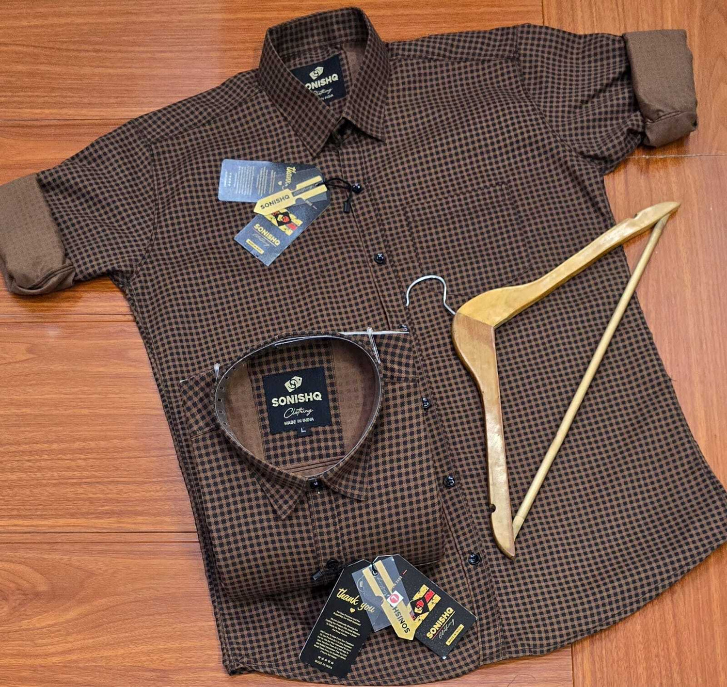 Image of SONISHQ Men Checkered Casual Brown Shirt