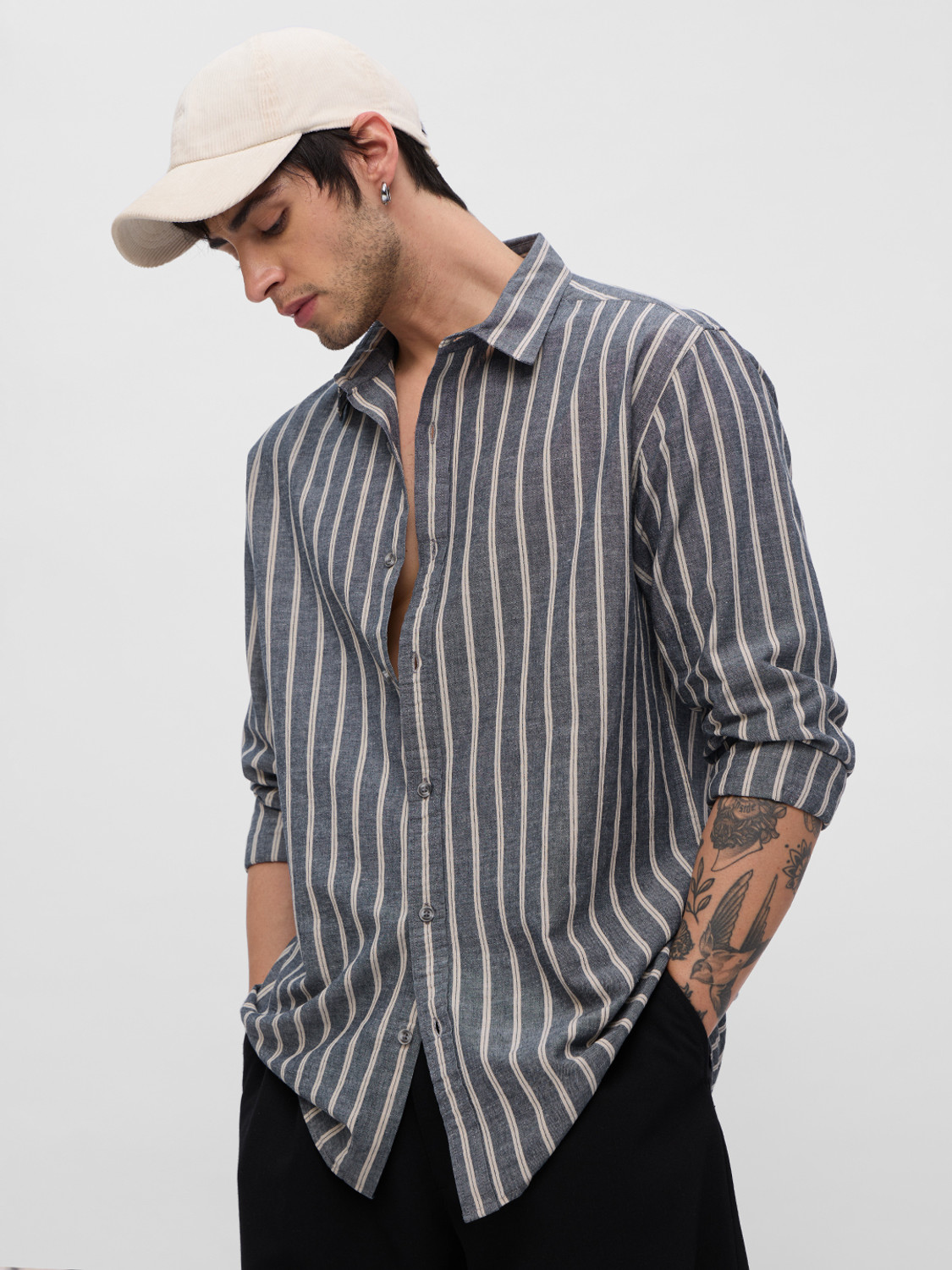 Image of The Souled Store Men Striped Casual Grey Shirt