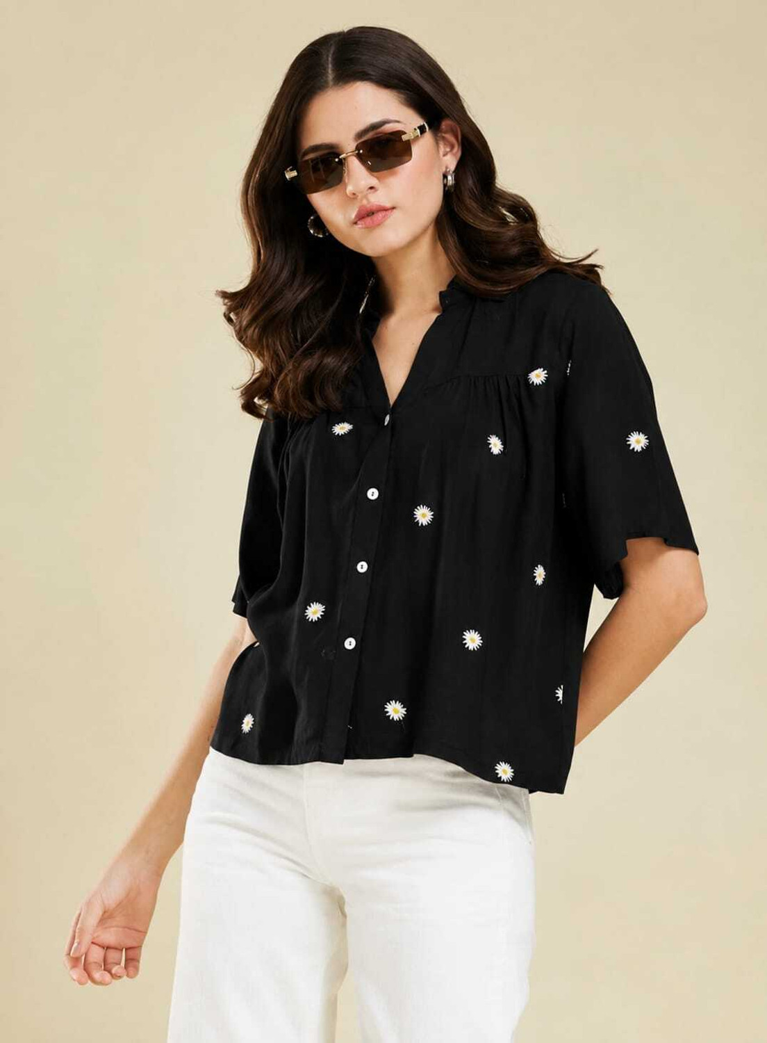Image of ME AND FOX Women Embroidered Casual Black Shirt