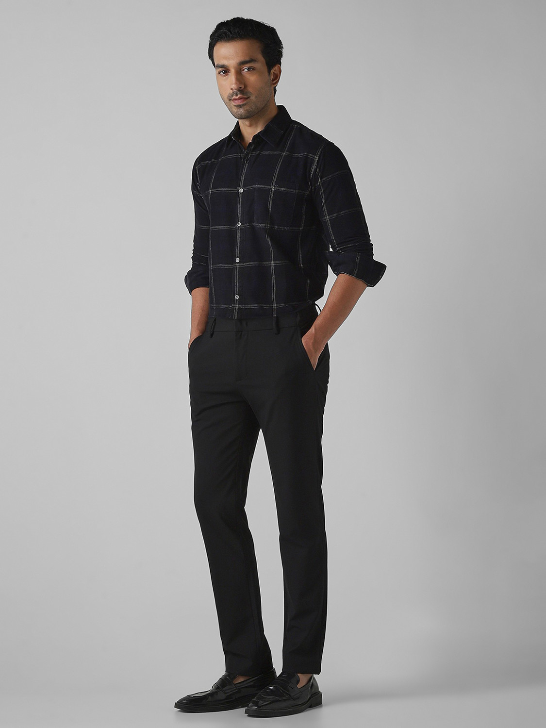 Image of MUFTI Men Checkered Casual Black Shirt
