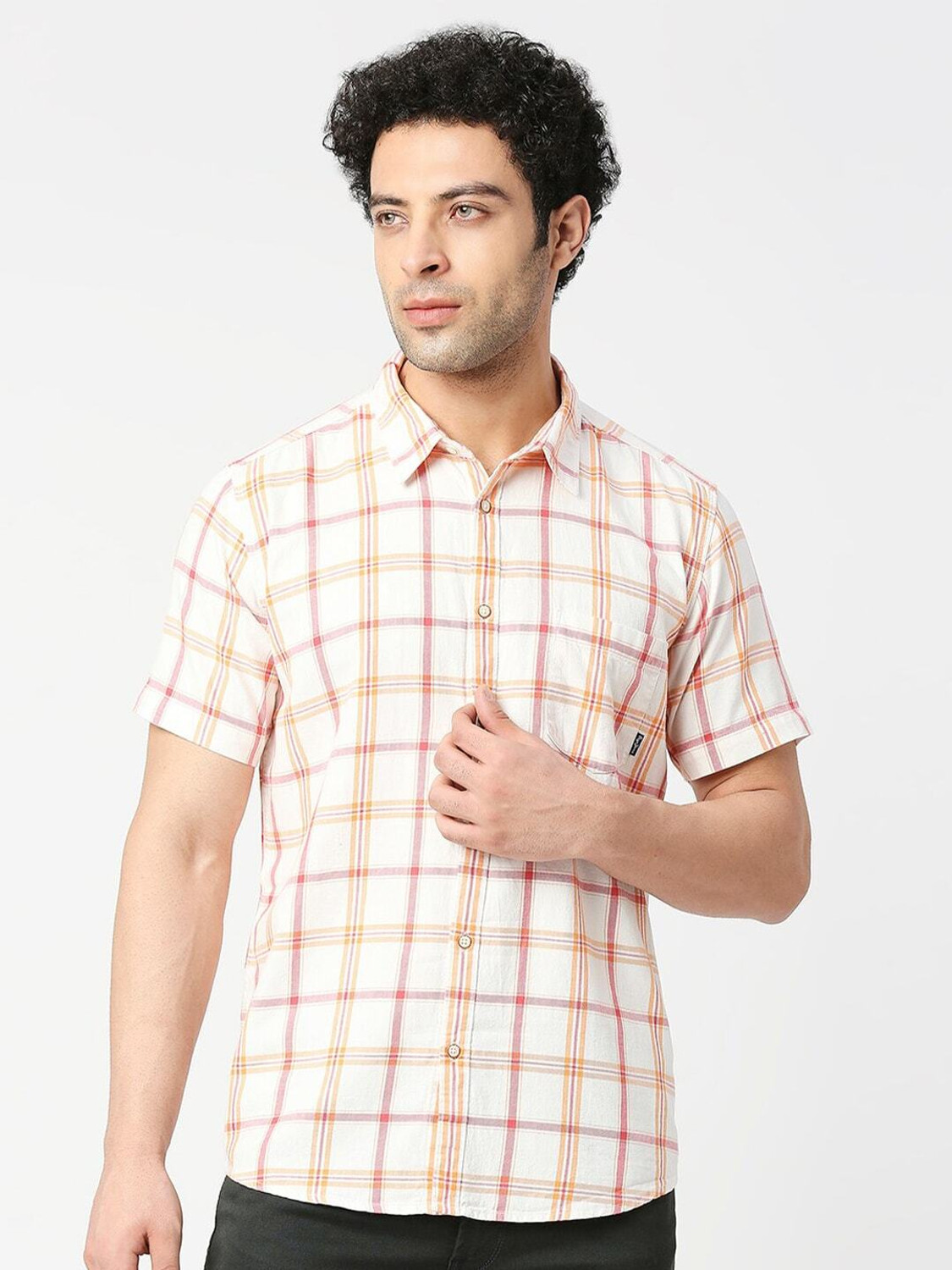 Image of Pepe Jeans Men Checkered Casual Orange Shirt