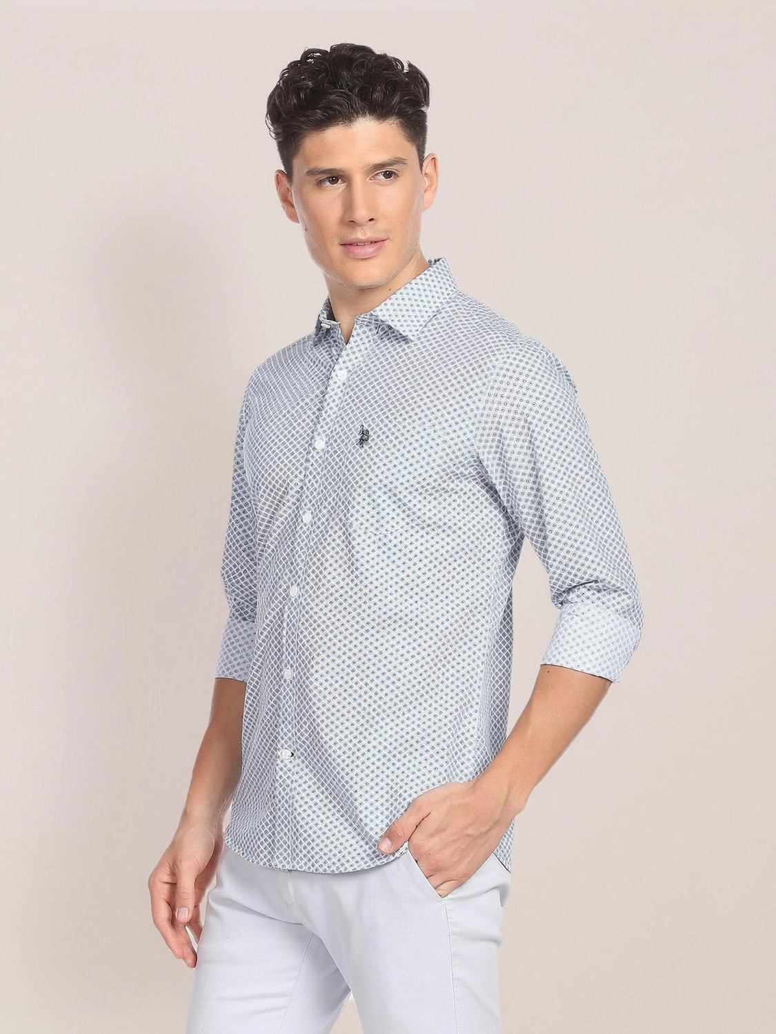 Image of U.S. POLO ASSN. Men Printed Casual White, Grey Shirt