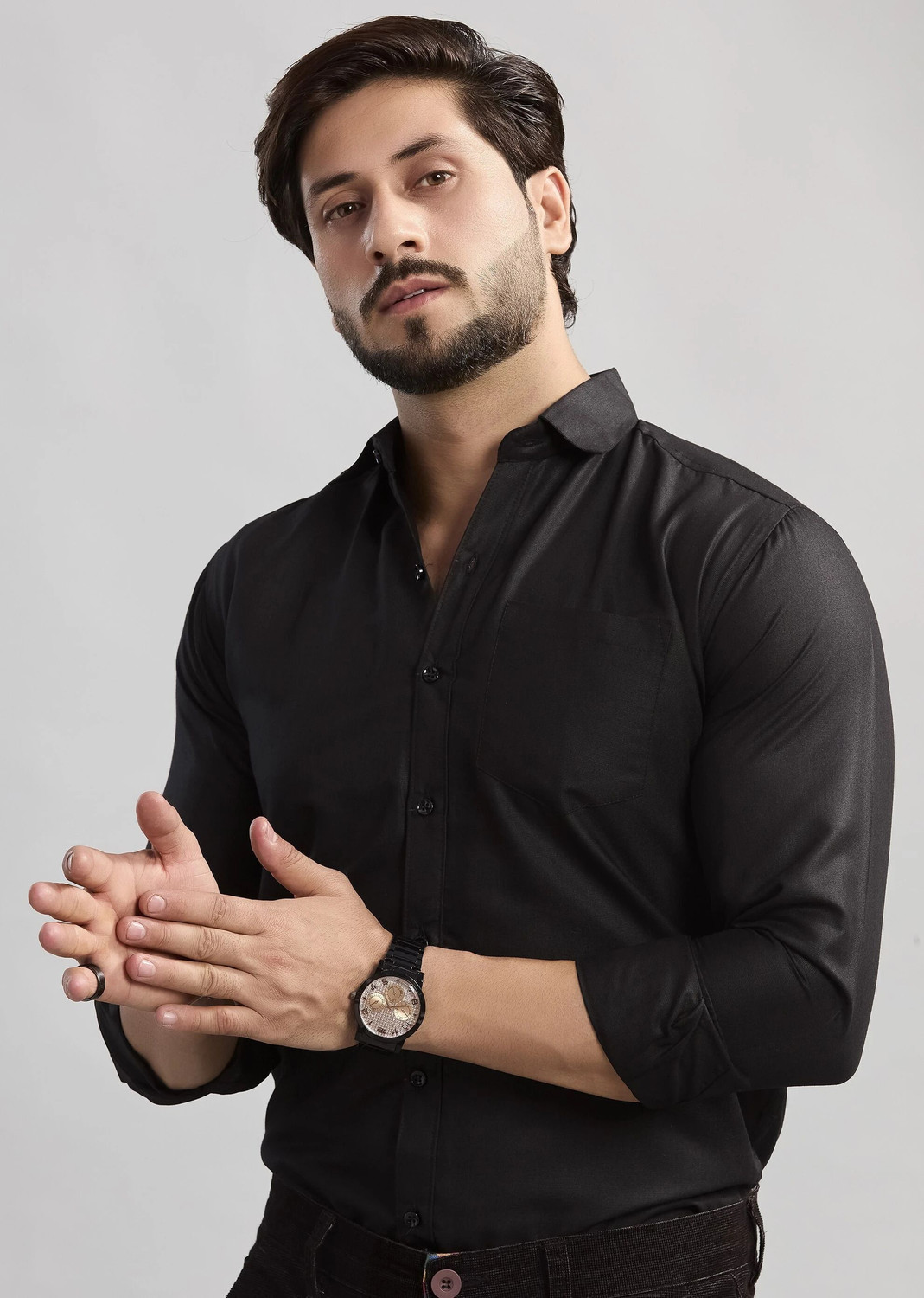 Image of STONEBERG Men Solid Formal Black Shirt