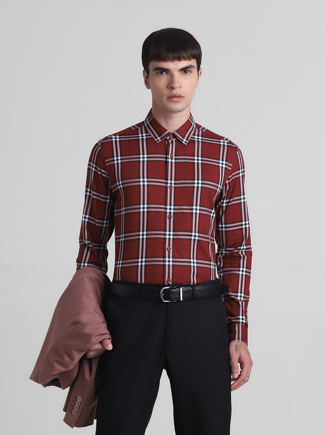 Image of JACK & JONES Men Checkered Formal Red Shirt