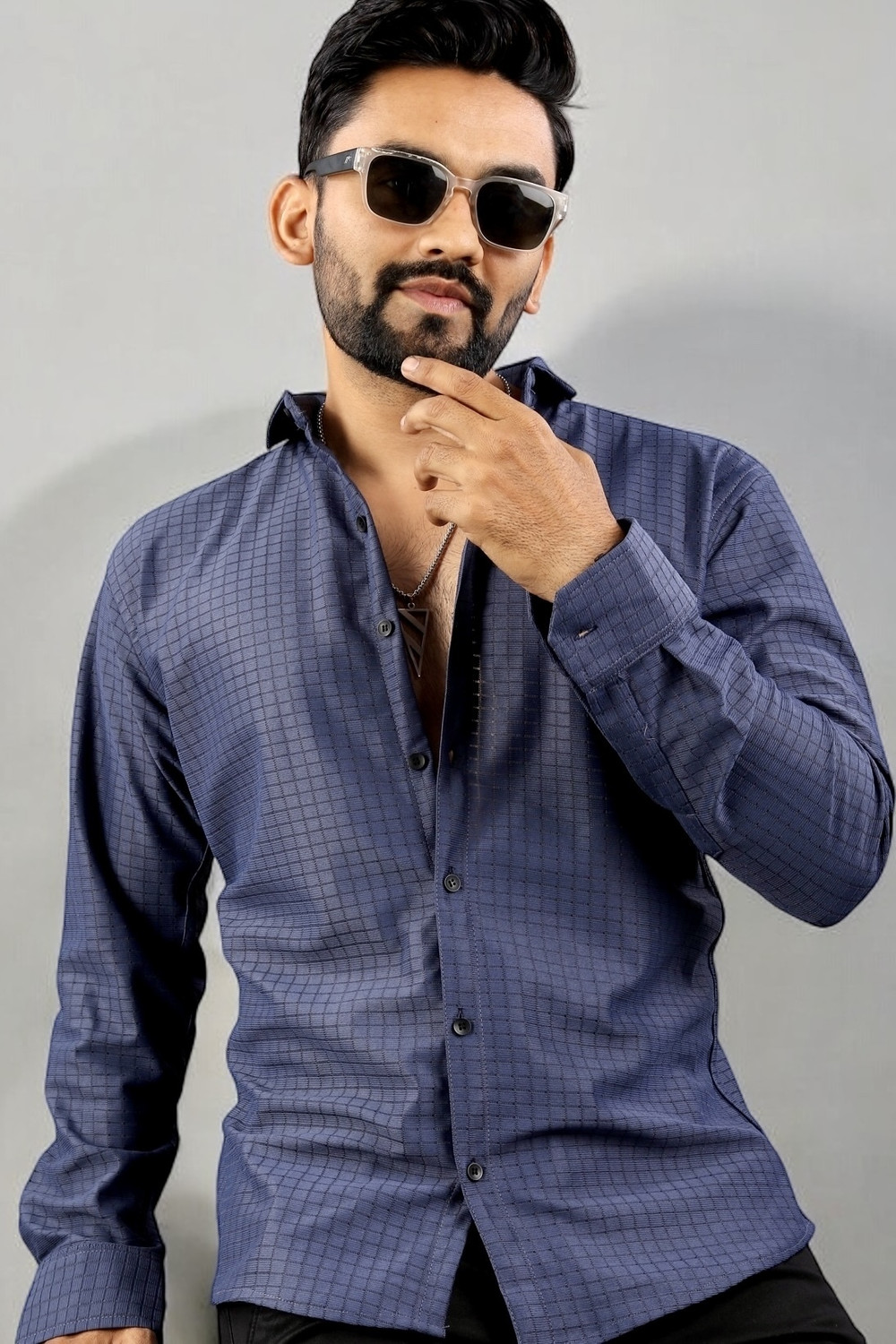 Image of VELLOSTA Men Checkered Casual Dark Blue Shirt
