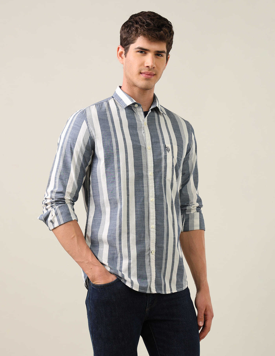 Image of U.S. Polo Assn. Denim Co. Men Striped Casual Blue Shirt