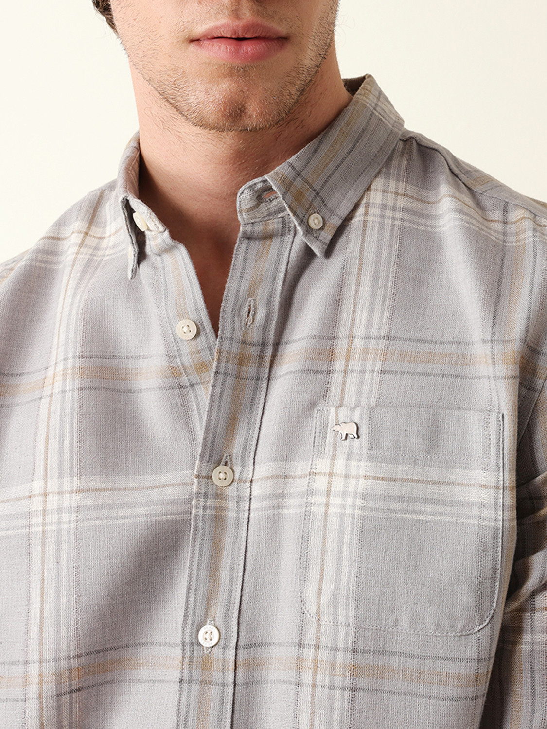 Image of THE BEAR HOUSE Men Checkered Casual Grey Shirt