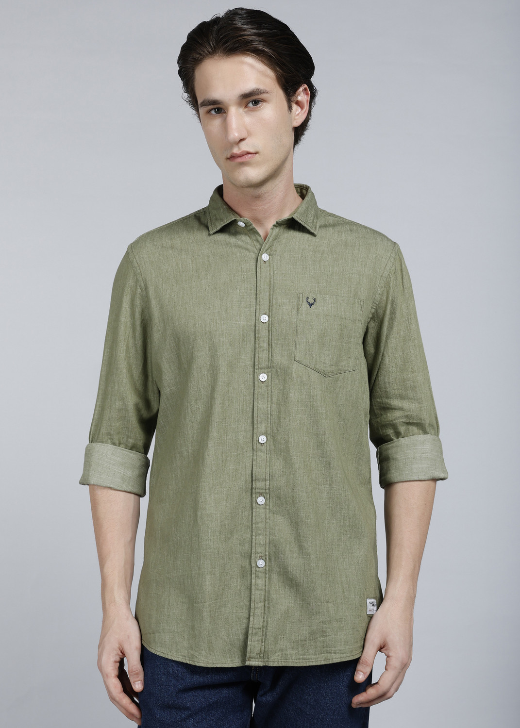 Image of Allen Solly Men Self Design Formal Green Shirt