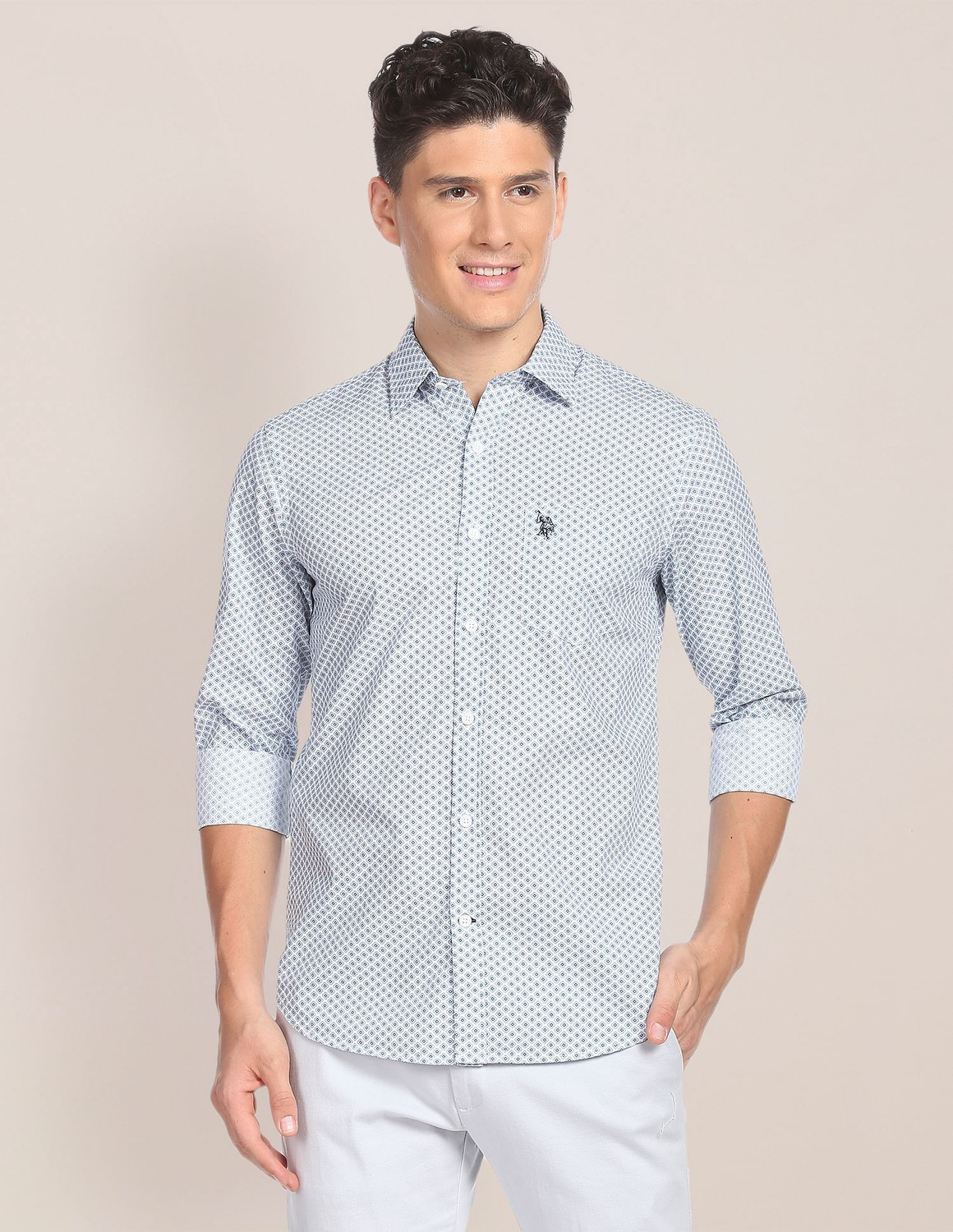 Image of U.S. POLO ASSN. Men Printed Casual White, Grey Shirt