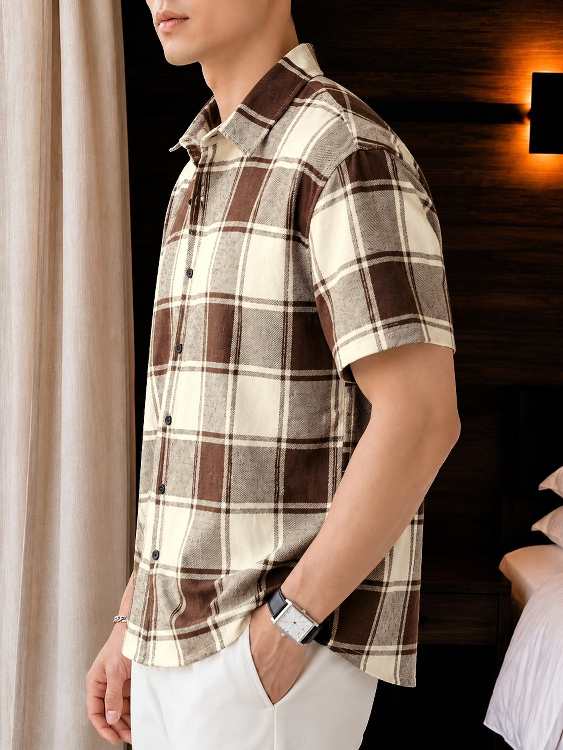 Image of EyeBogler Men Checkered Casual Beige, Brown Shirt