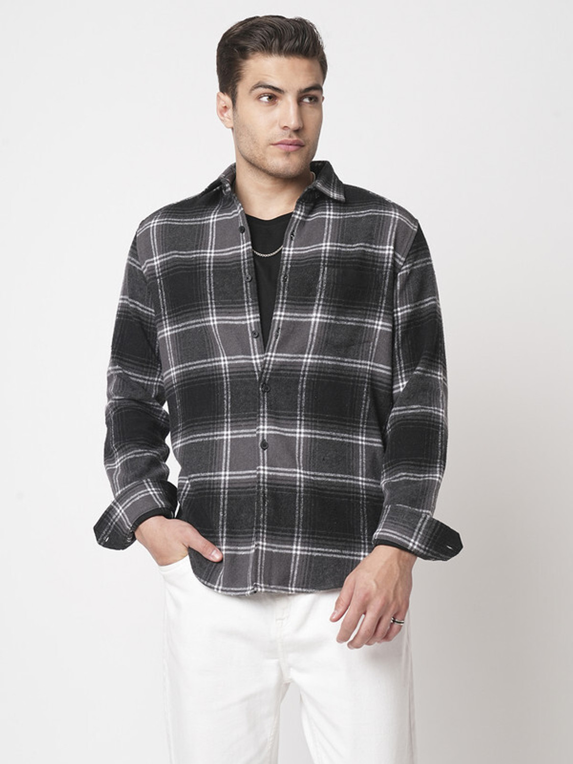 Image of VASTRADO Men Checkered Casual Black Shirt