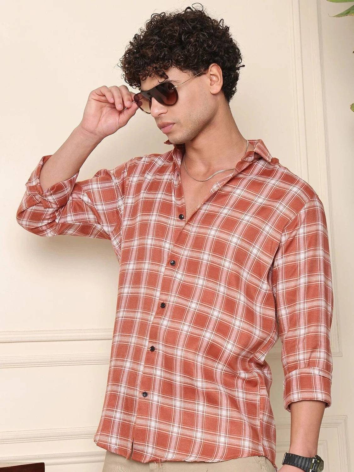 METRONAUT Men Checkered Orange Shirt - Image 1