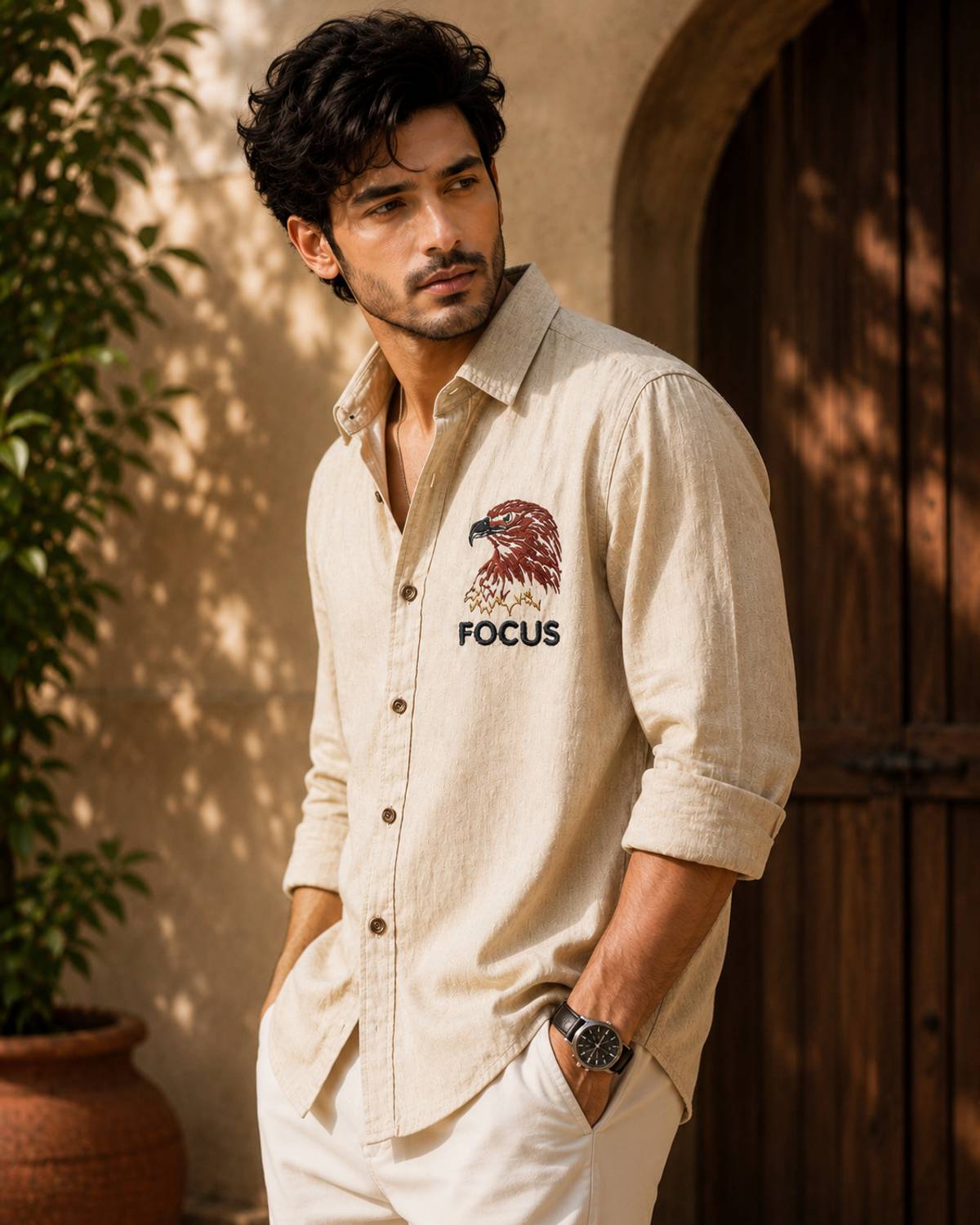 WUXI Men Embroidered Casual Beige Shirt - Image 2