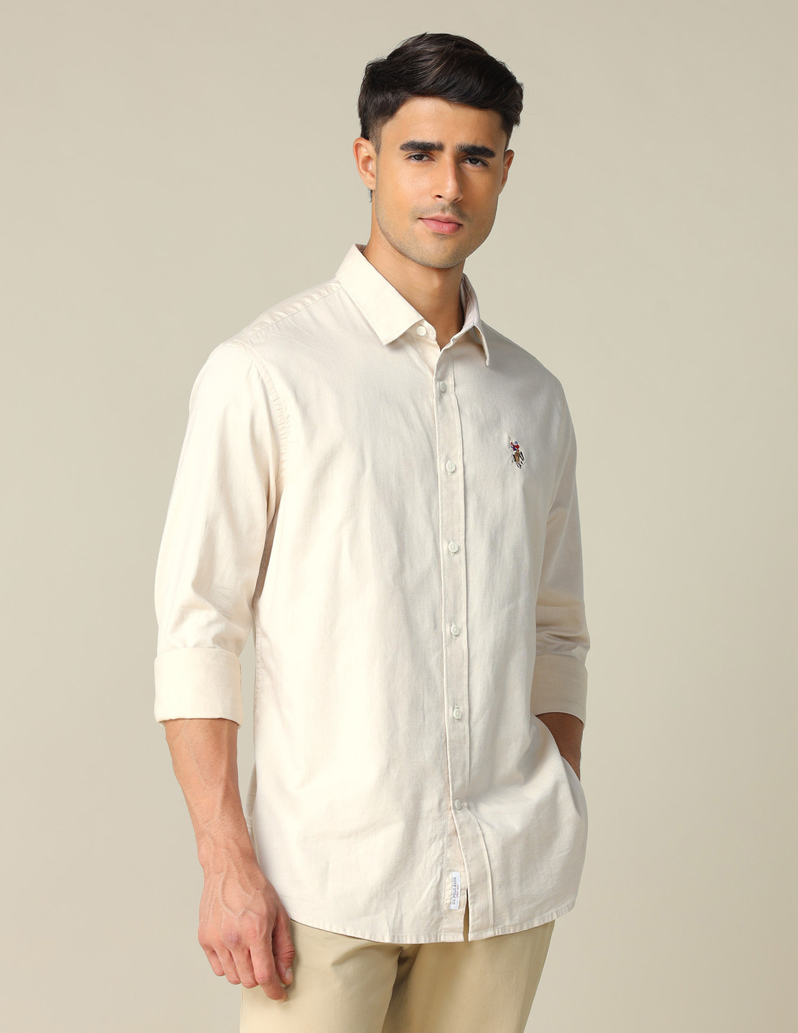 Image of U.S. POLO ASSN. Men Solid Casual Beige Shirt